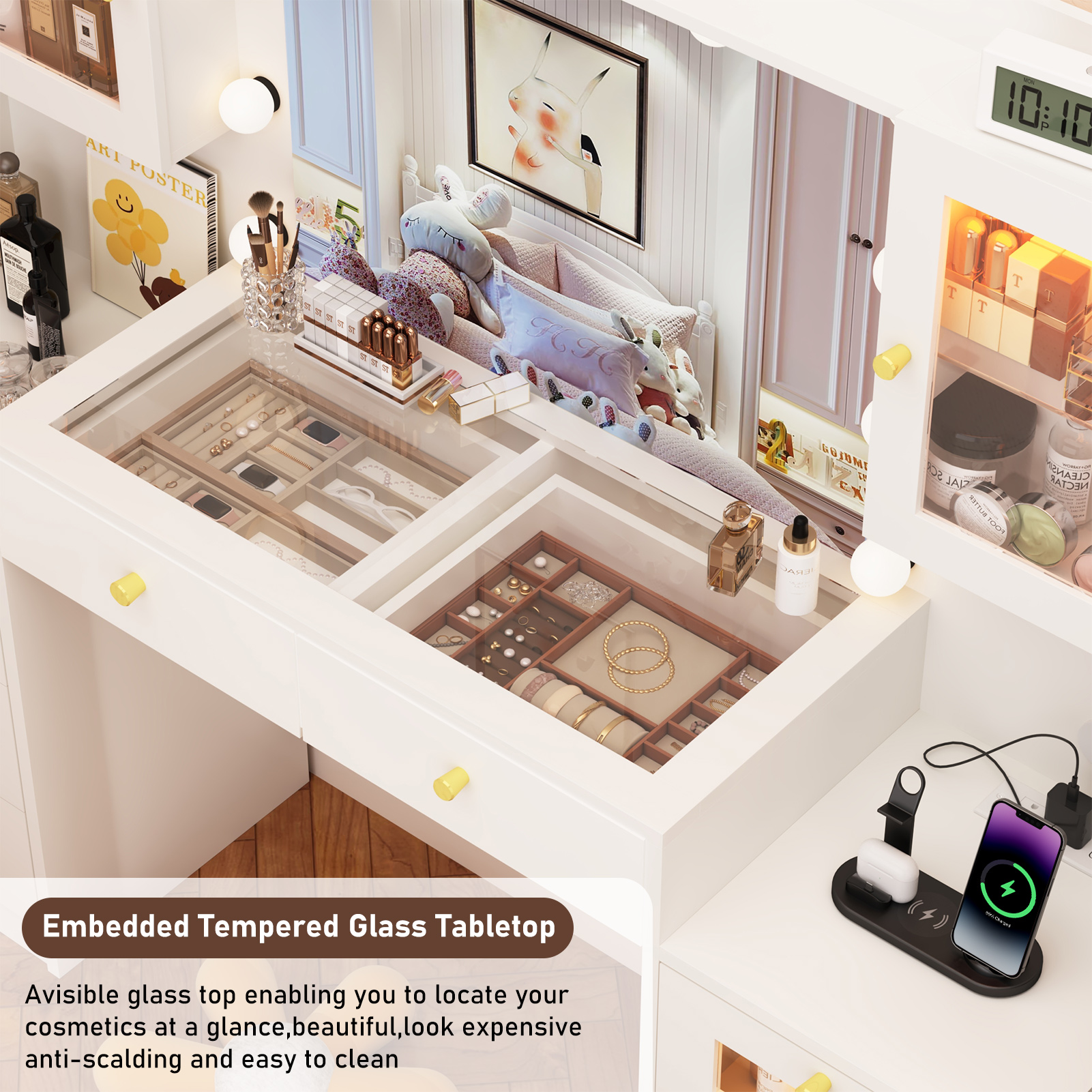 Blotout 62'' Large Vanity Desk with 2 RGB Glass Cabinets, Power Outlet, Glass Top, 11 LED Bulbs, 6 Translucent Drawers, 3 Lights Mode LED Mirror, Bedroom Makeup Vanity for Women, Girls