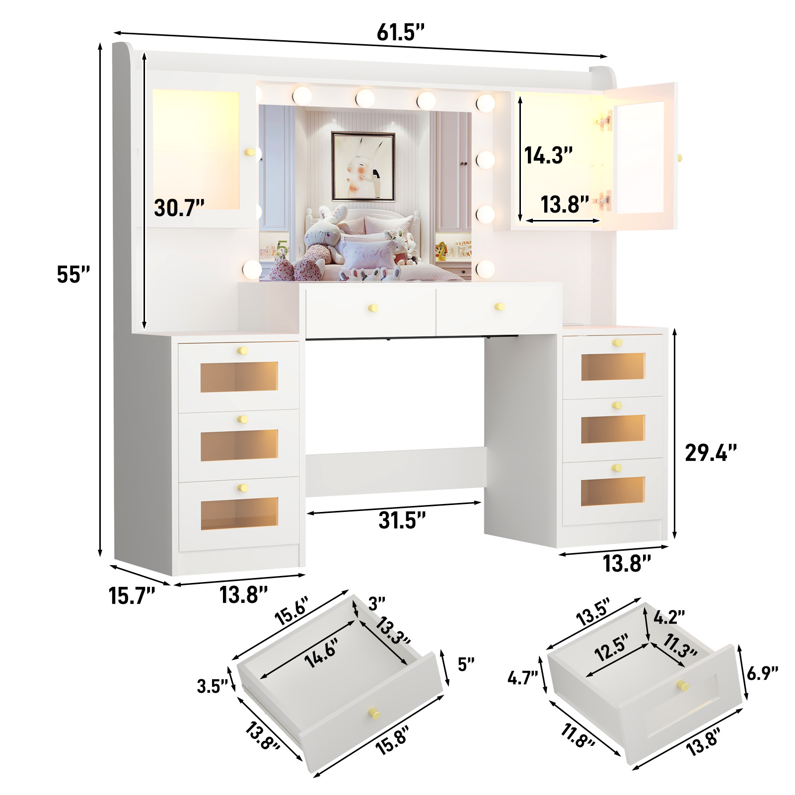 Blotout 62'' Large Vanity Desk with 2 RGB Glass Cabinets, Power Outlet, Glass Top, 11 LED Bulbs, 6 Translucent Drawers, 3 Lights Mode LED Mirror, Bedroom Makeup Vanity for Women, Girls