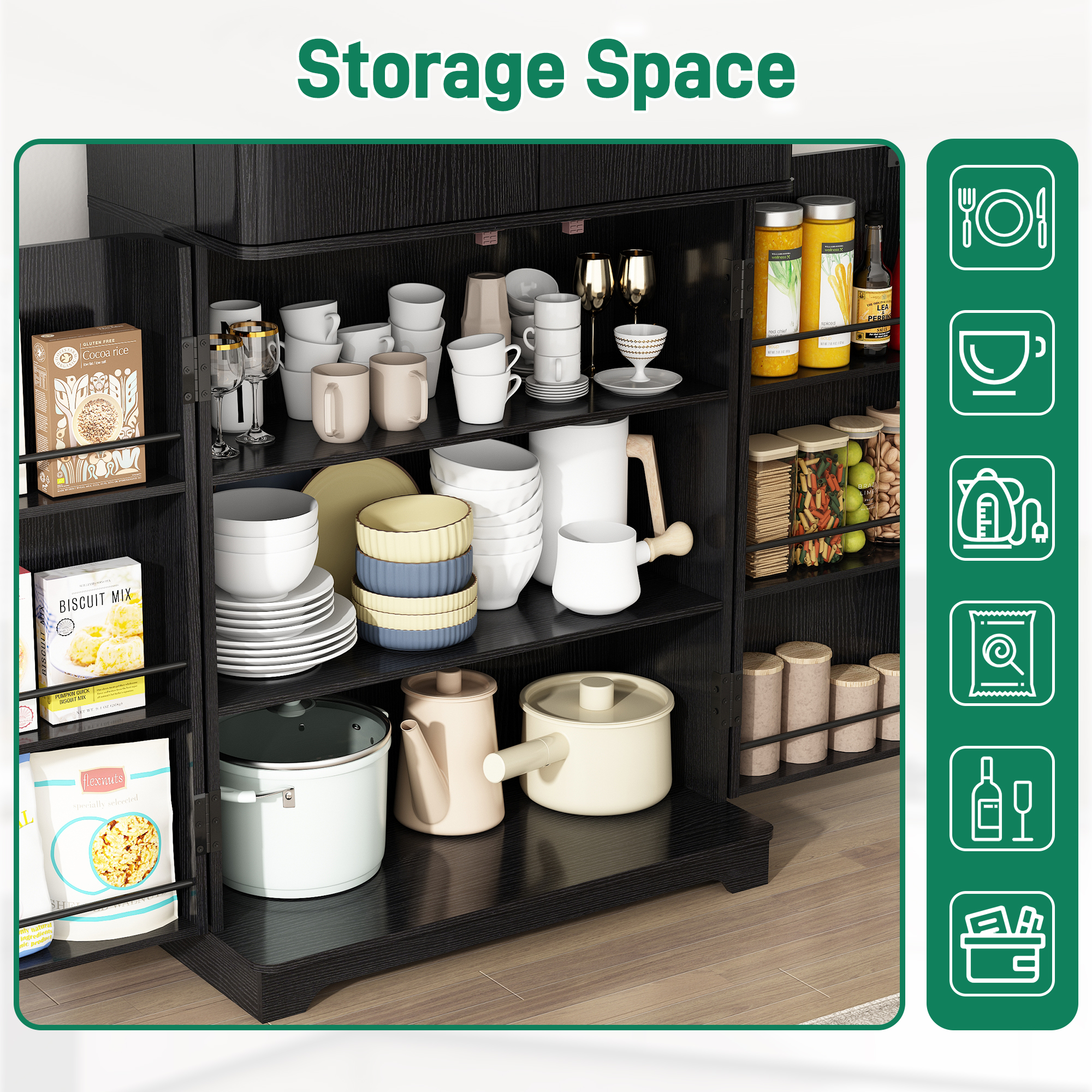 Blotout 72" Tall Modern Kitchen Pantry Cabinet with 12 Side Shelves, 6 Layers Pantry Storage Cabinet with 4 Wood Doors for Kitchen, Dining Room, Living Room, Black