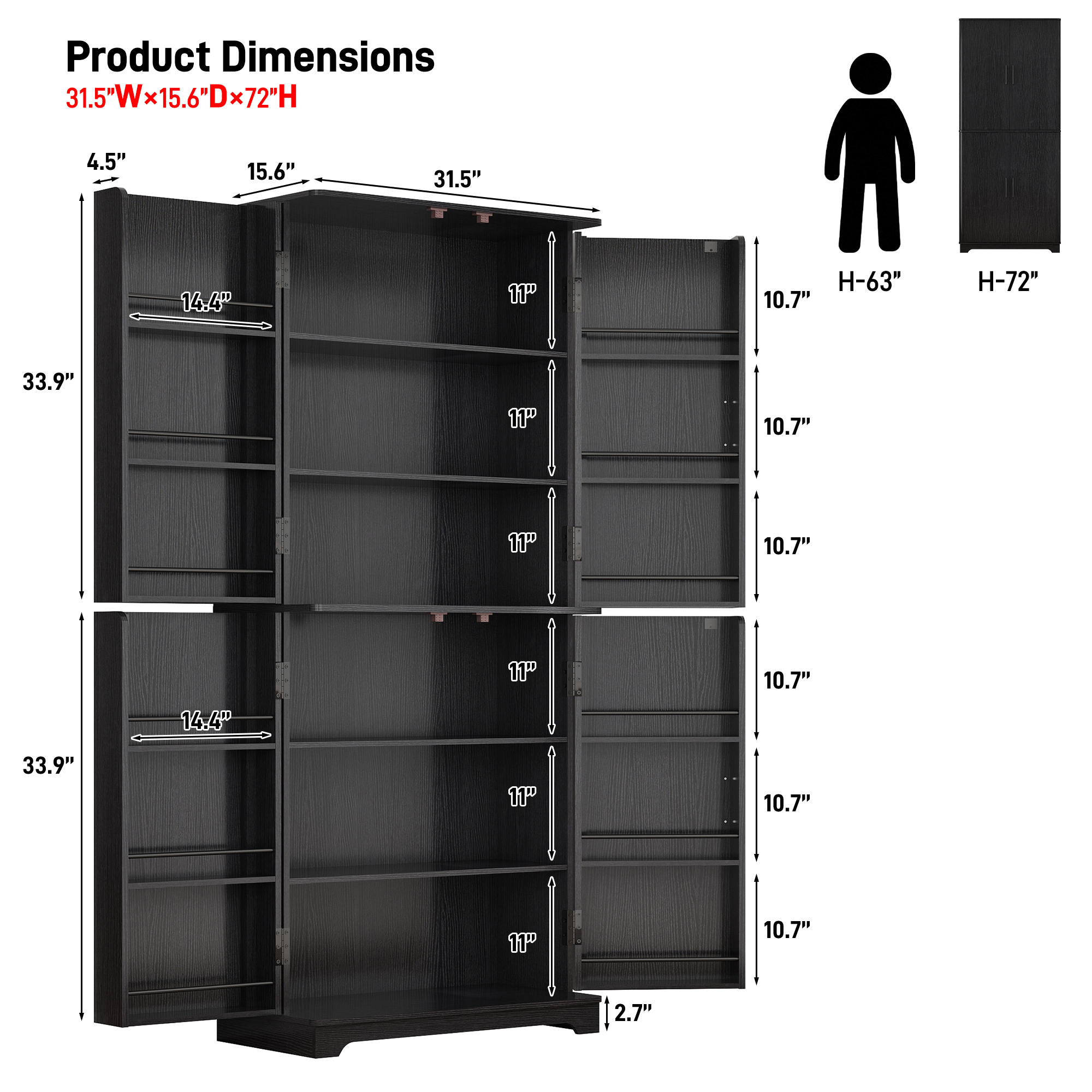 Blotout 72" Tall Modern Kitchen Pantry Cabinet with 12 Side Shelves, 6 Layers Pantry Storage Cabinet with 4 Wood Doors for Kitchen, Dining Room, Living Room, Black