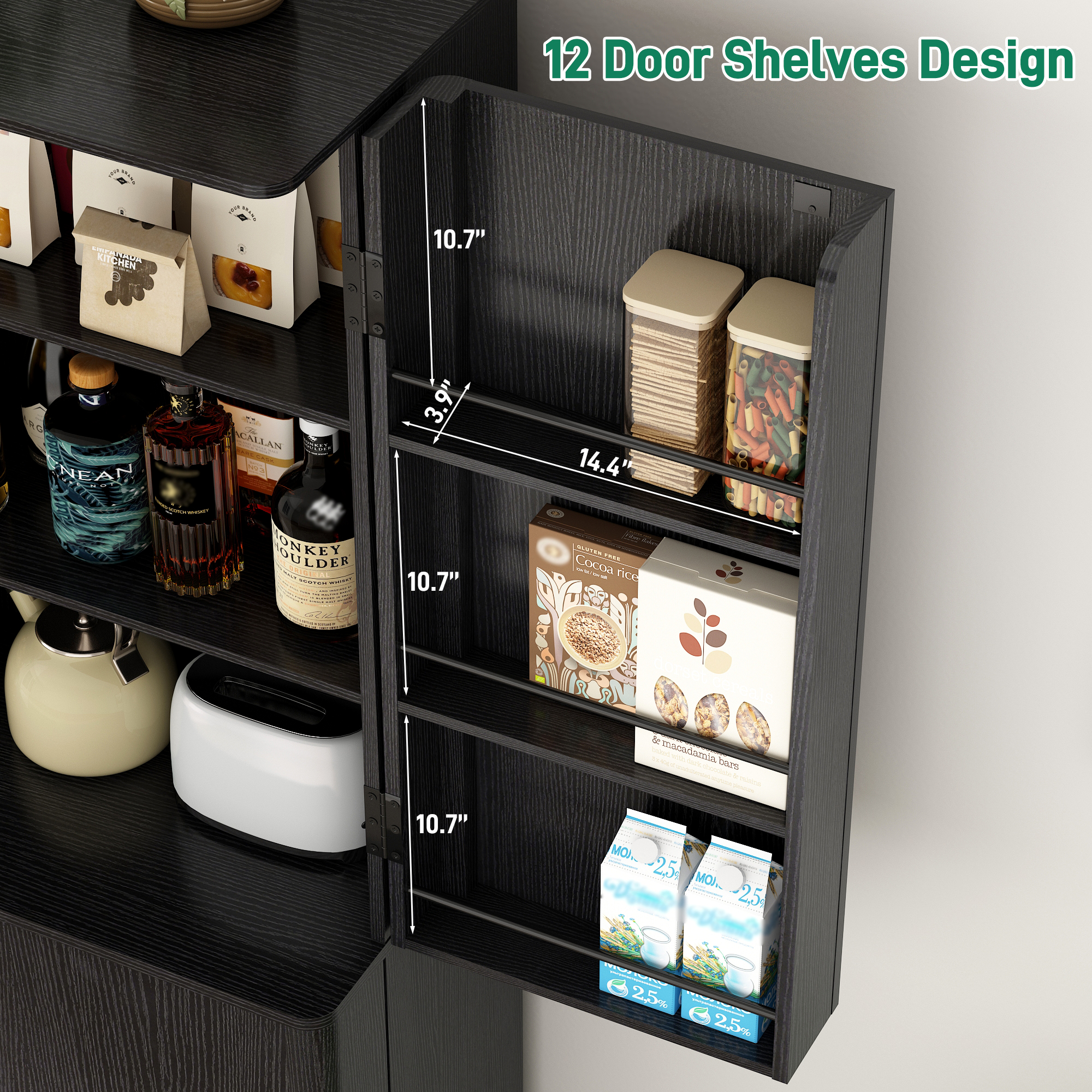 Blotout 72" Tall Modern Kitchen Pantry Cabinet with 12 Side Shelves, 6 Layers Pantry Storage Cabinet with 4 Wood Doors for Kitchen, Dining Room, Living Room, Black