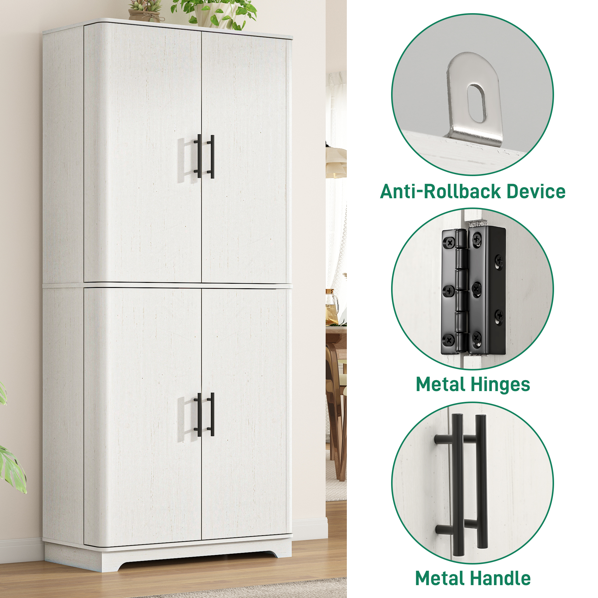 Blotout 72" Tall Modern Kitchen Pantry Cabinet with 12 Side Shelves, 6 Layers Pantry Storage Cabinet with 4 Wood Doors for Kitchen, Dining Room, Living Room, Black