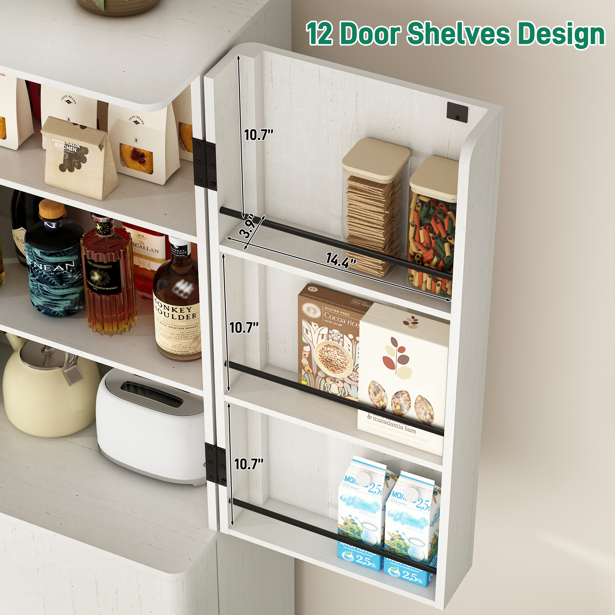 Blotout 72" Tall Modern Kitchen Pantry Cabinet with 12 Side Shelves, 6 Layers Pantry Storage Cabinet with 4 Wood Doors for Kitchen, Dining Room, Living Room, Black