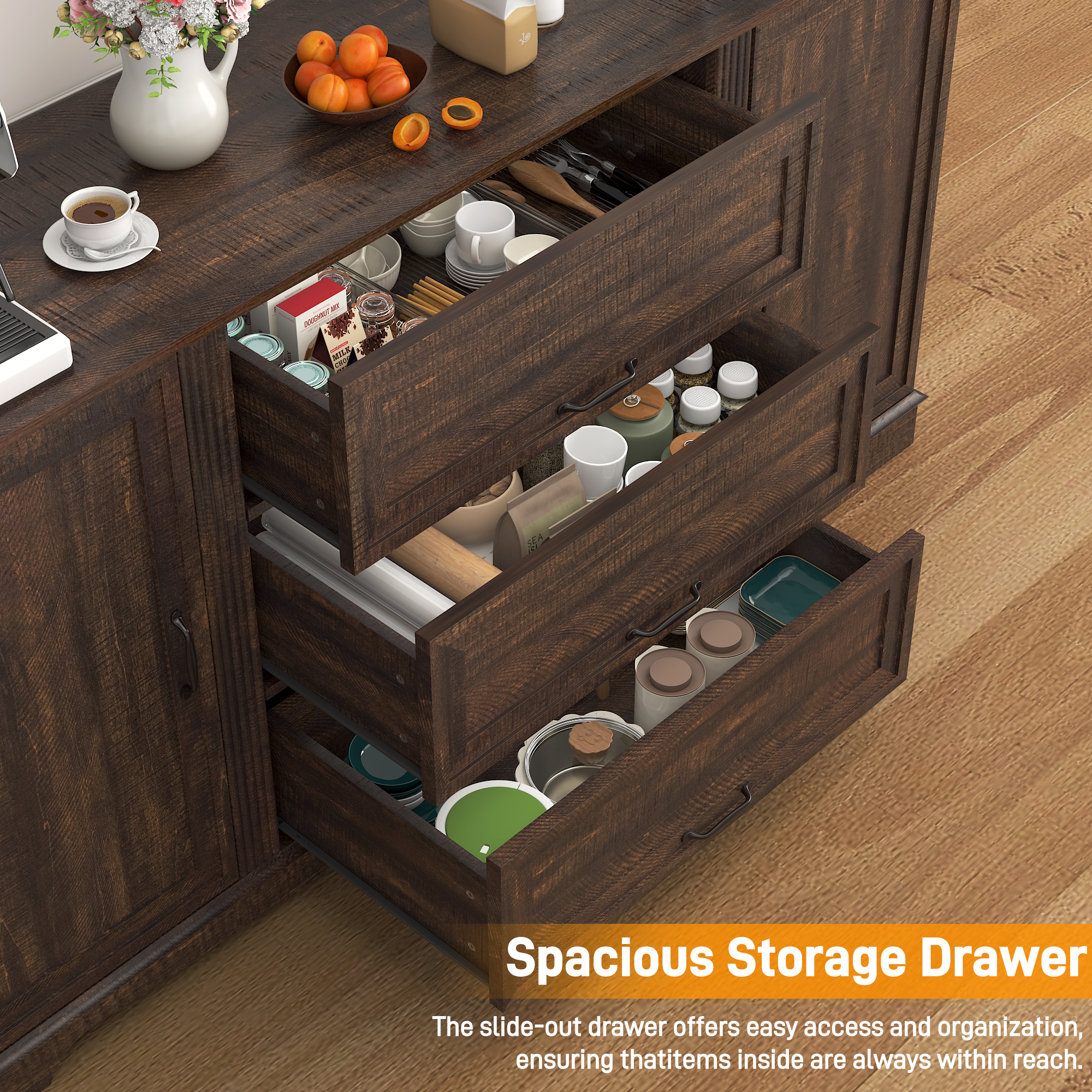 Blotout 65" Sideboard Buffet Cabinet with Storage, Farmhouse Kitchen Pantry Storage Cabinet, Credenza with Drawers, Wood Coffee Bar Cabinet, White