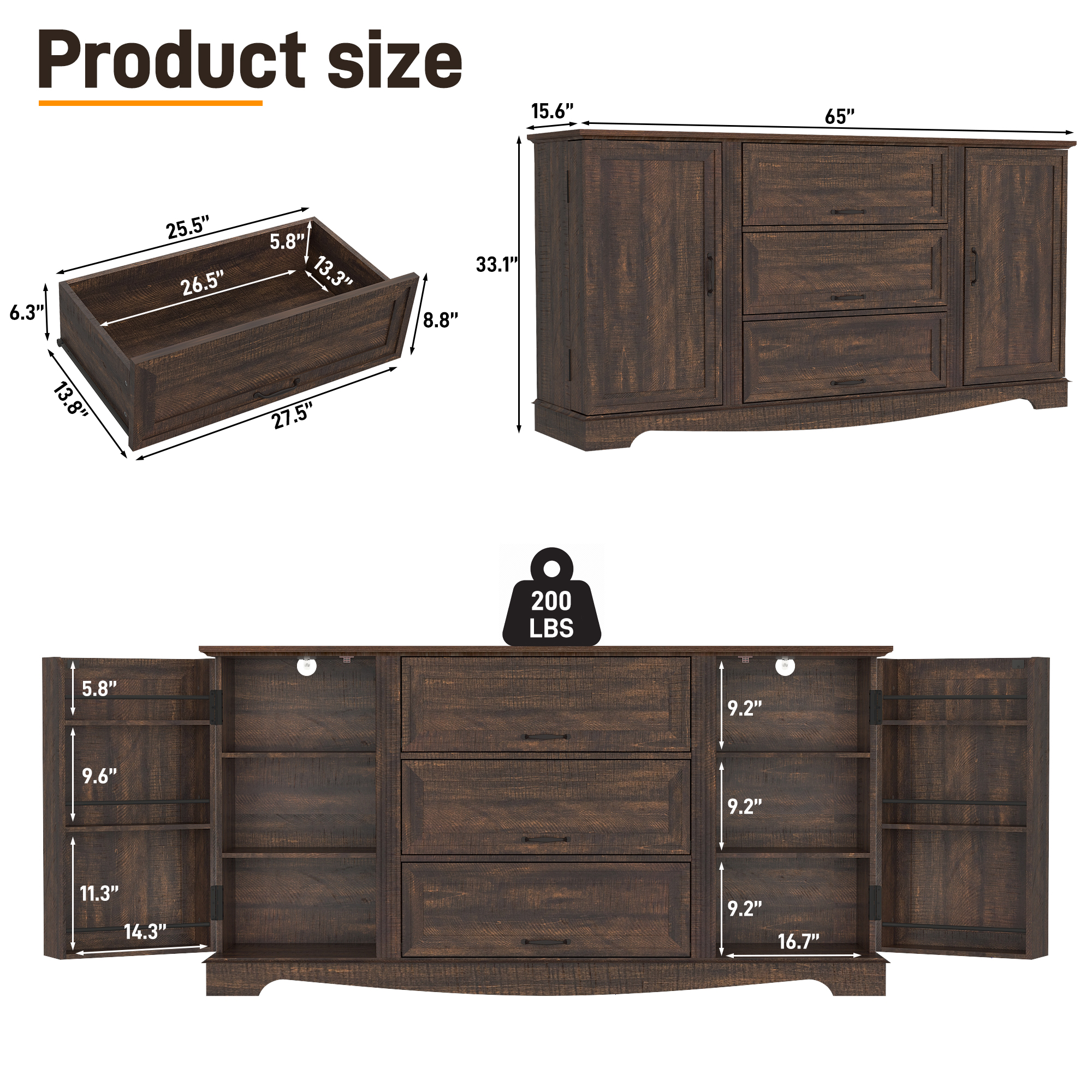 Blotout 65" Sideboard Buffet Cabinet with Storage, Farmhouse Kitchen Pantry Storage Cabinet, Credenza with Drawers, Wood Coffee Bar Cabinet, White