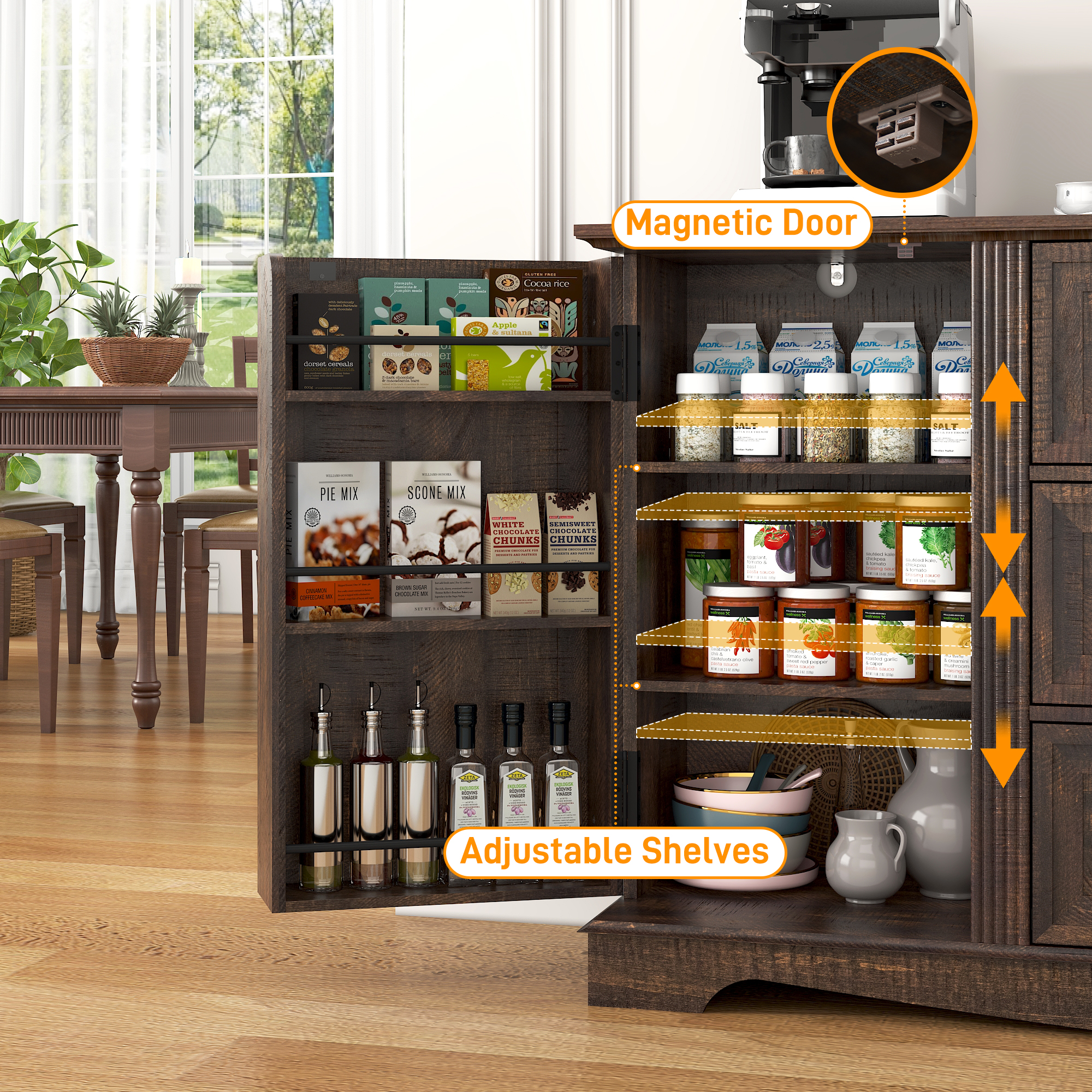 Blotout 65" Sideboard Buffet Cabinet with Storage, Farmhouse Kitchen Pantry Storage Cabinet, Credenza with Drawers, Wood Coffee Bar Cabinet, White