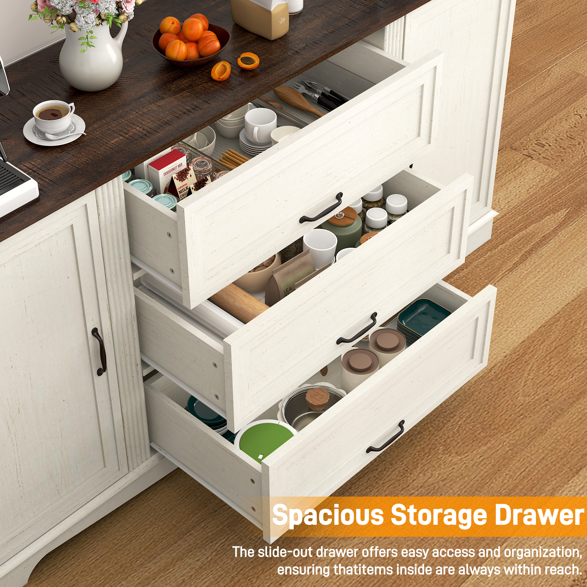 Blotout 65" Sideboard Buffet Cabinet with Storage, Farmhouse Kitchen Pantry Storage Cabinet, Credenza with Drawers, Wood Coffee Bar Cabinet, White