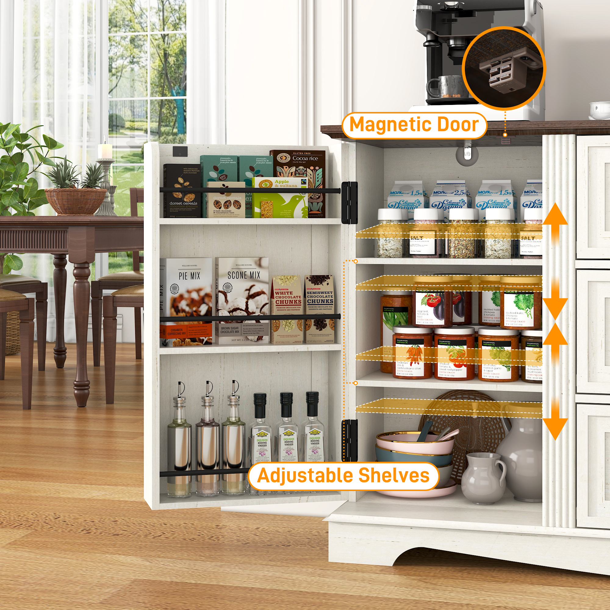 Blotout 65" Sideboard Buffet Cabinet with Storage, Farmhouse Kitchen Pantry Storage Cabinet, Credenza with Drawers, Wood Coffee Bar Cabinet, White