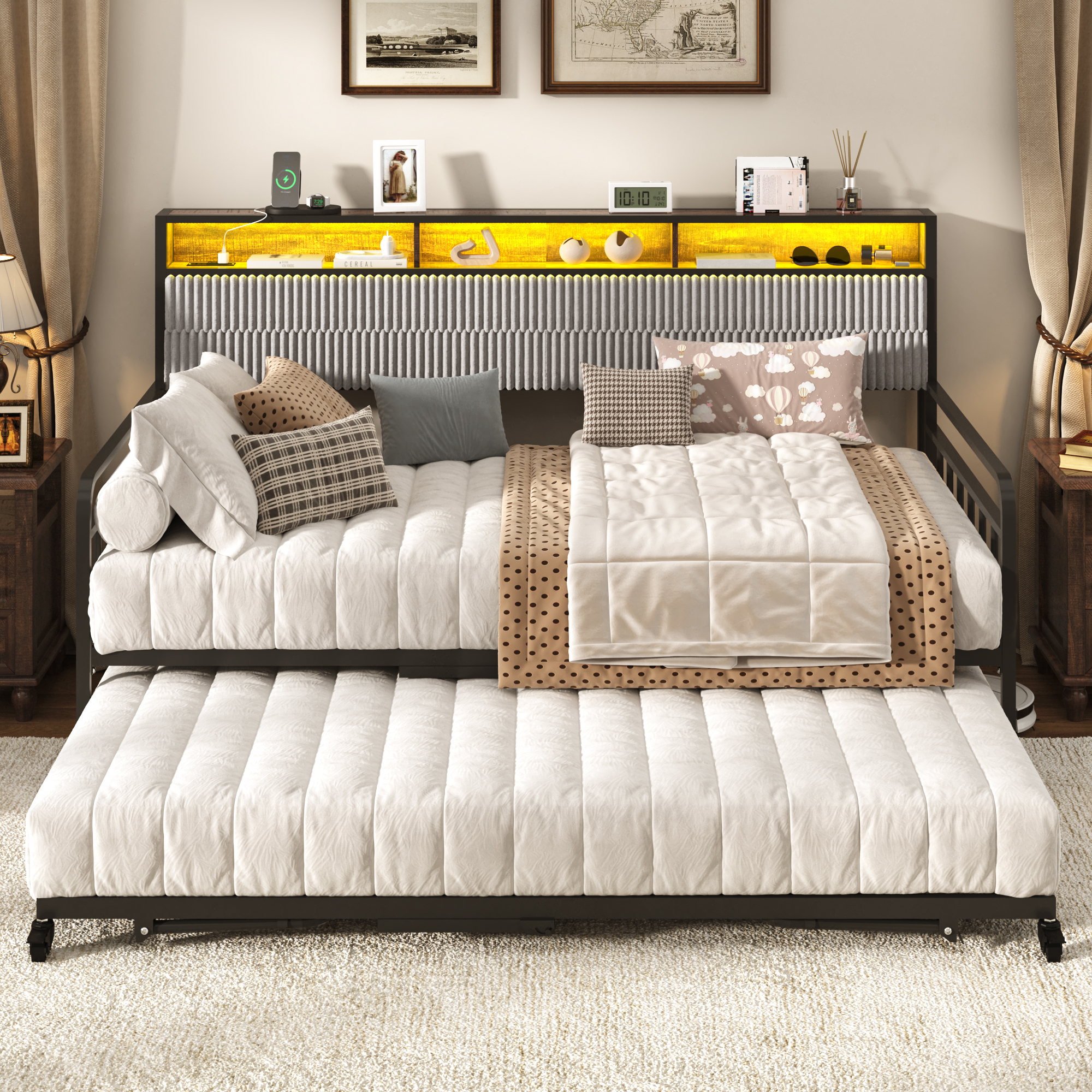 Walmart-0048-Blotout-US 标题: Blotout Daybed with Trundle Bed and LED Light, Twin Bed Frame with Storage Headboard and Charging Station, Sofa Bed with Strong Supports for Living Room, Bedroom, and Guest Room