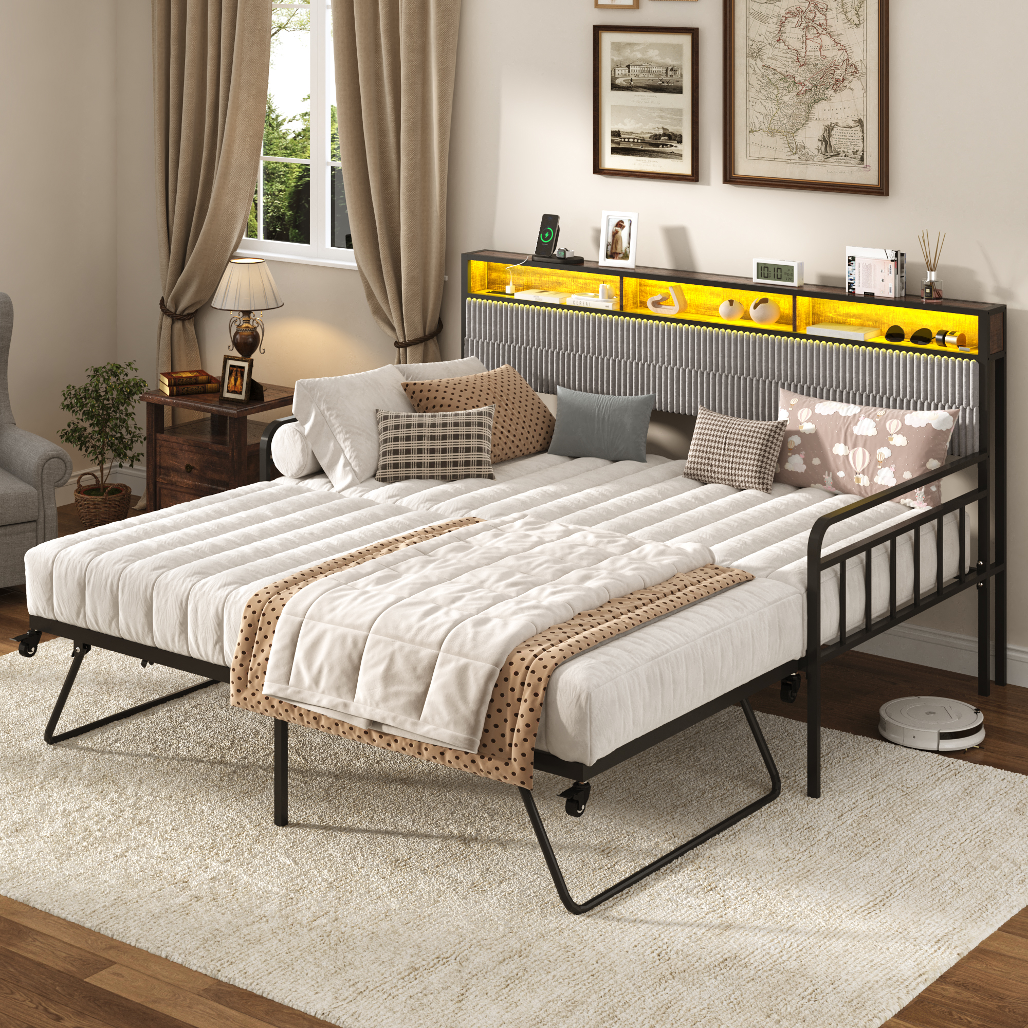 Walmart-0048-Blotout-US 标题: Blotout Daybed with Trundle Bed and LED Light, Twin Bed Frame with Storage Headboard and Charging Station, Sofa Bed with Strong Supports for Living Room, Bedroom, and Guest Room