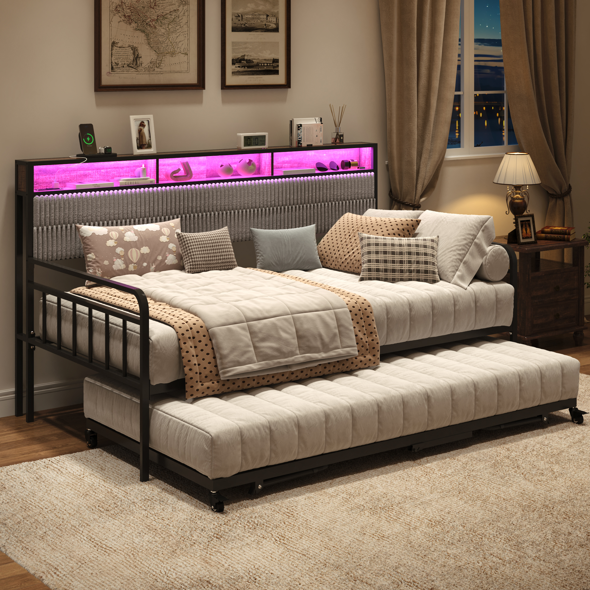 Walmart-0048-Blotout-US 标题: Blotout Daybed with Trundle Bed and LED Light, Twin Bed Frame with Storage Headboard and Charging Station, Sofa Bed with Strong Supports for Living Room, Bedroom, and Guest Room