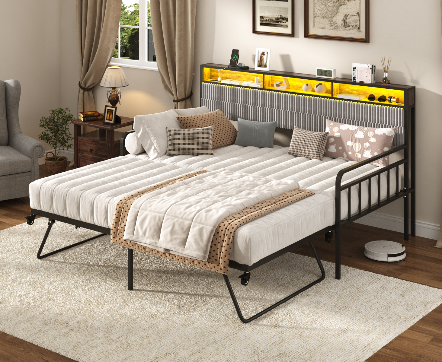 Walmart-0048-Blotout-US 标题: Blotout Daybed with Trundle Bed and LED Light, Twin Bed Frame with Storage Headboard and Charging Station, Sofa Bed with Strong Supports for Living Room, Bedroom, and Guest Room
