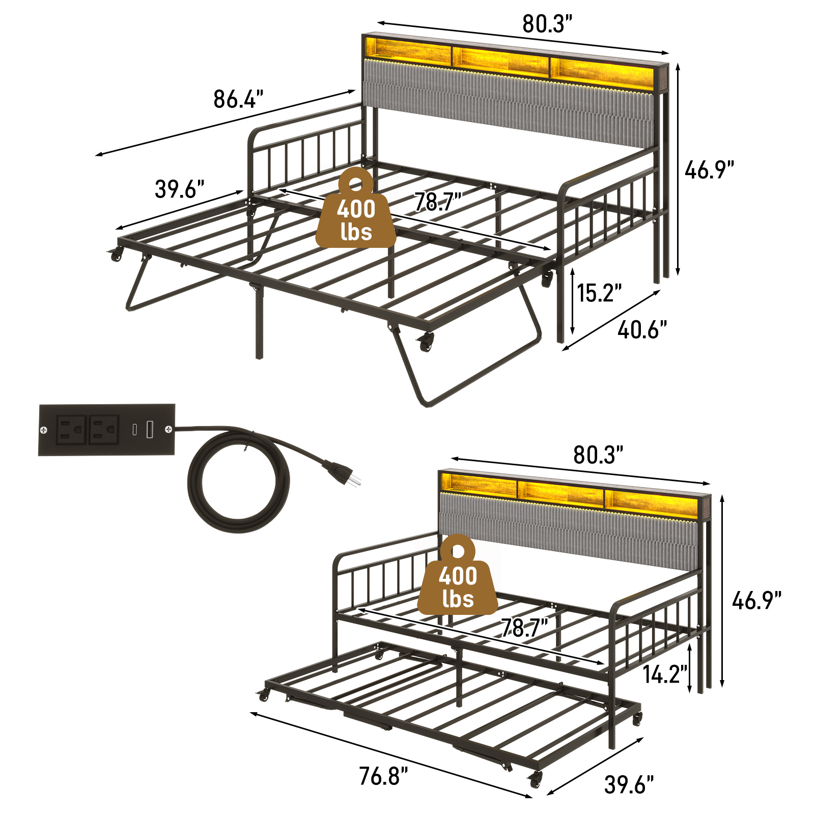 Walmart-0048-Blotout-US 标题: Blotout Daybed with Trundle Bed and LED Light, Twin Bed Frame with Storage Headboard and Charging Station, Sofa Bed with Strong Supports for Living Room, Bedroom, and Guest Room