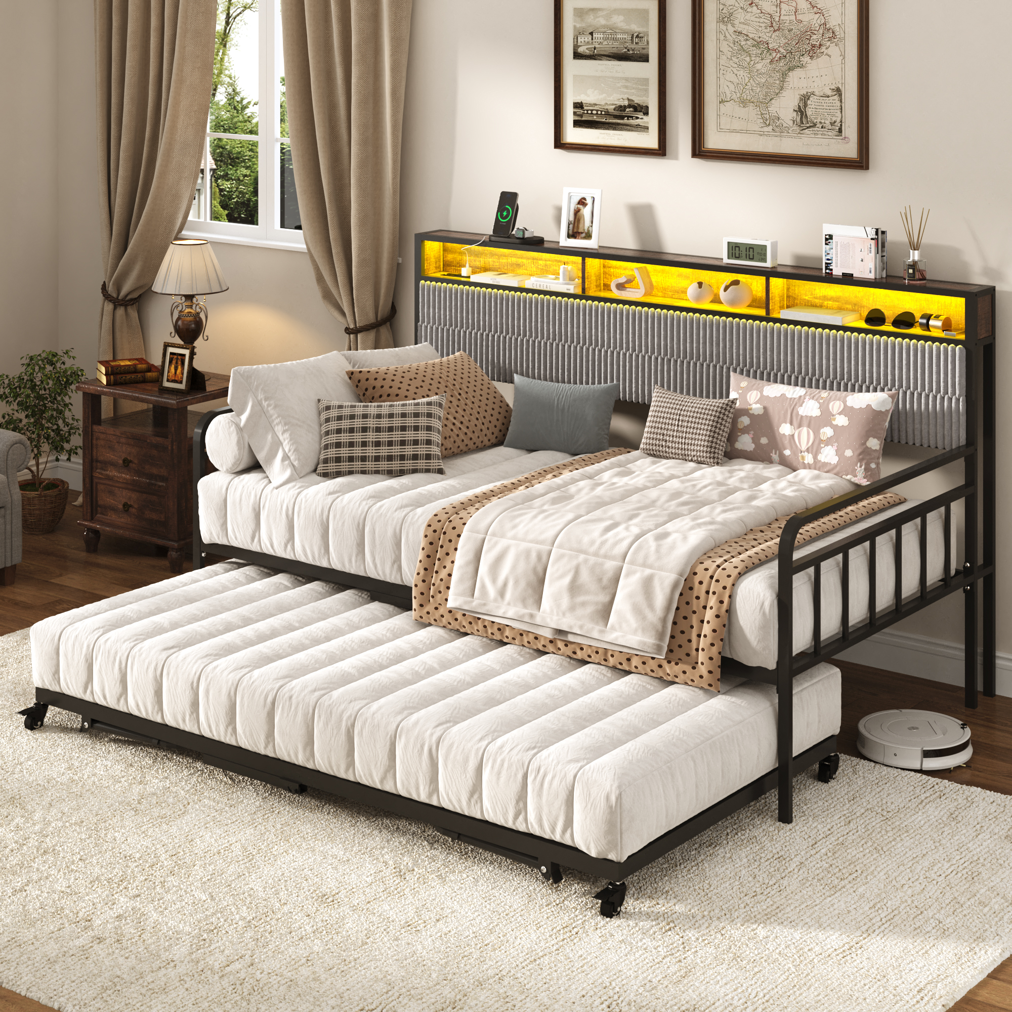 Walmart-0048-Blotout-US 标题: Blotout Daybed with Trundle Bed and LED Light, Twin Bed Frame with Storage Headboard and Charging Station, Sofa Bed with Strong Supports for Living Room, Bedroom, and Guest Room