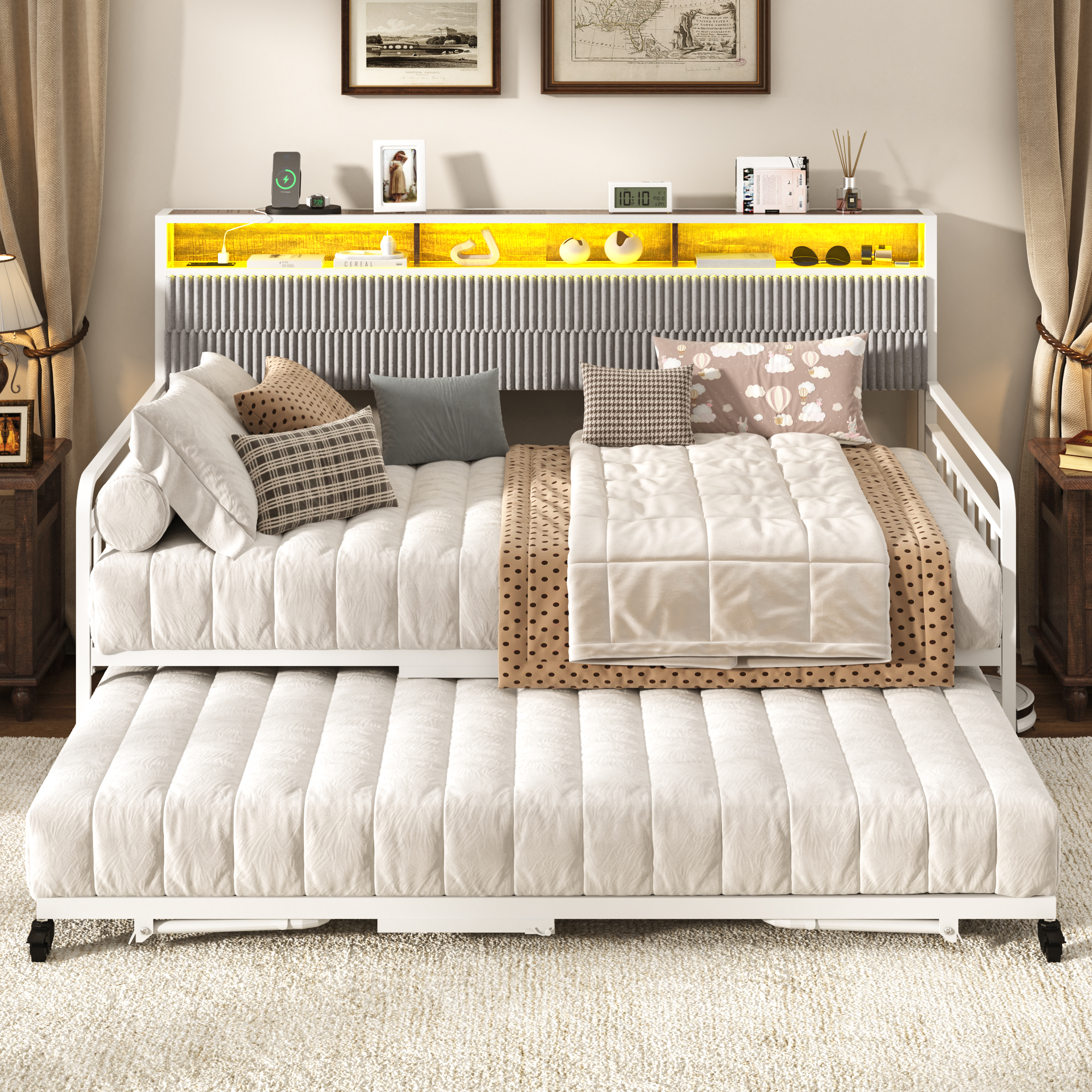 Walmart-0048-Blotout-US 标题: Blotout Daybed with Trundle Bed and LED Light, Twin Bed Frame with Storage Headboard and Charging Station, Sofa Bed with Strong Supports for Living Room, Bedroom, and Guest Room