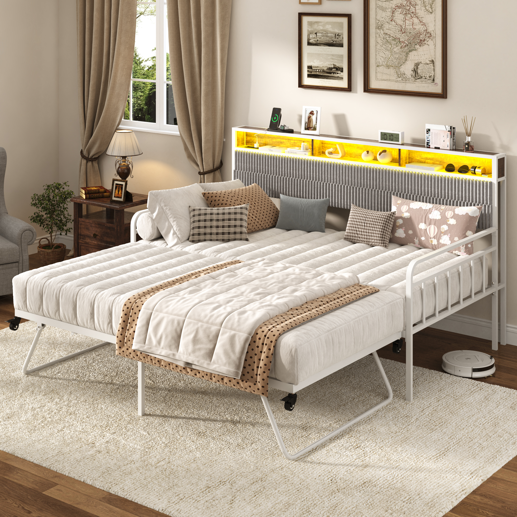 Walmart-0048-Blotout-US 标题: Blotout Daybed with Trundle Bed and LED Light, Twin Bed Frame with Storage Headboard and Charging Station, Sofa Bed with Strong Supports for Living Room, Bedroom, and Guest Room