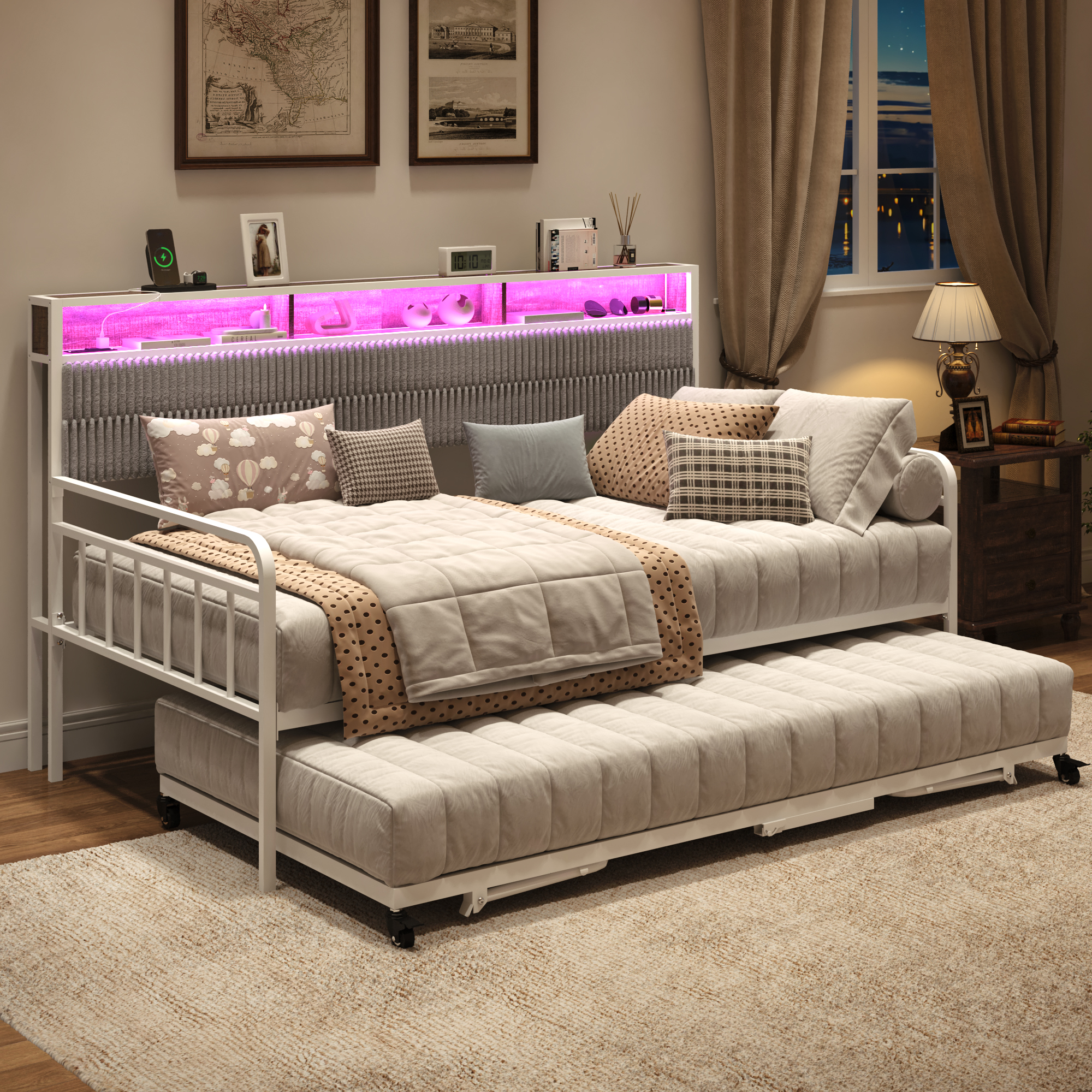 Walmart-0048-Blotout-US 标题: Blotout Daybed with Trundle Bed and LED Light, Twin Bed Frame with Storage Headboard and Charging Station, Sofa Bed with Strong Supports for Living Room, Bedroom, and Guest Room