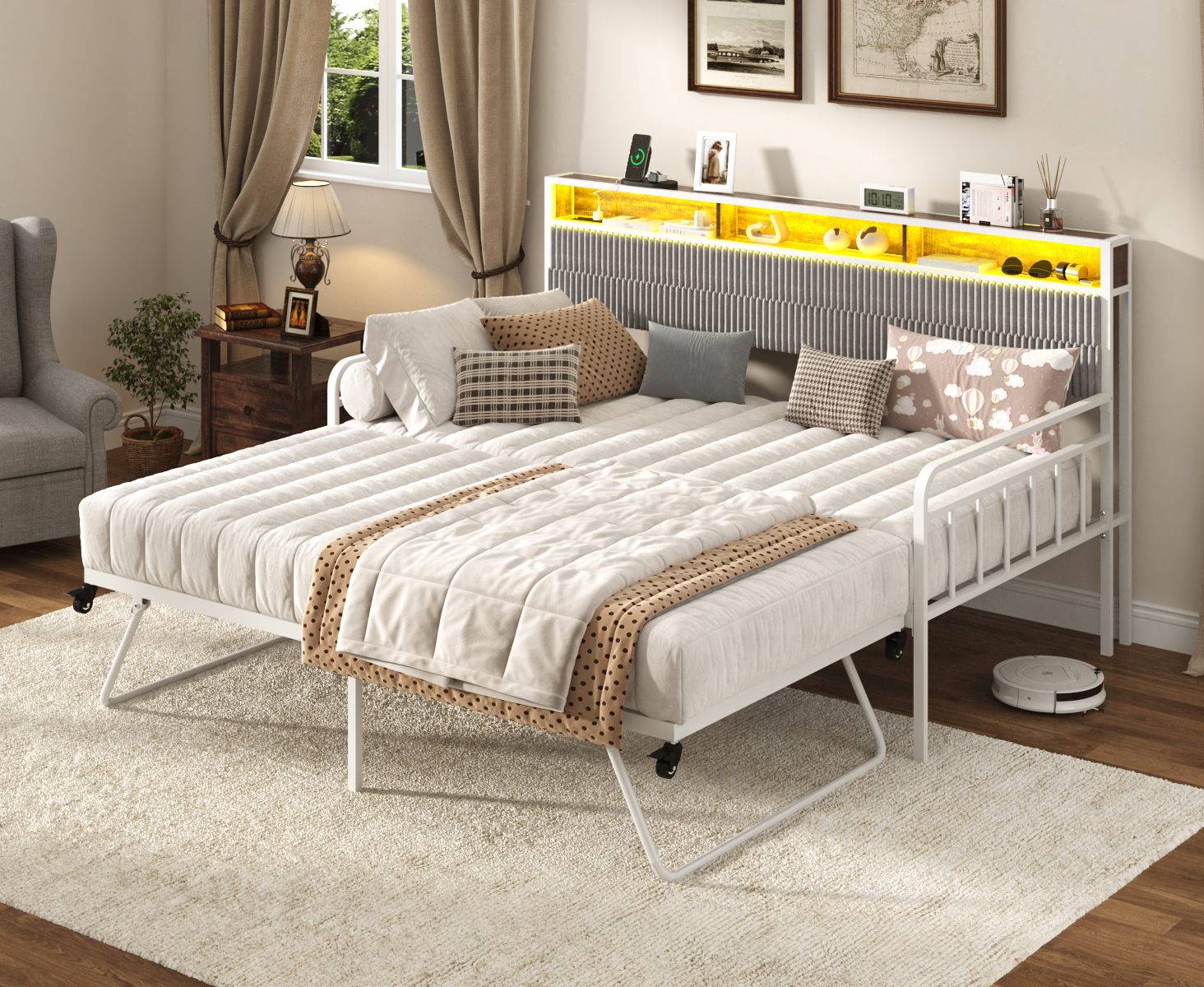 Walmart-0048-Blotout-US 标题: Blotout Daybed with Trundle Bed and LED Light, Twin Bed Frame with Storage Headboard and Charging Station, Sofa Bed with Strong Supports for Living Room, Bedroom, and Guest Room