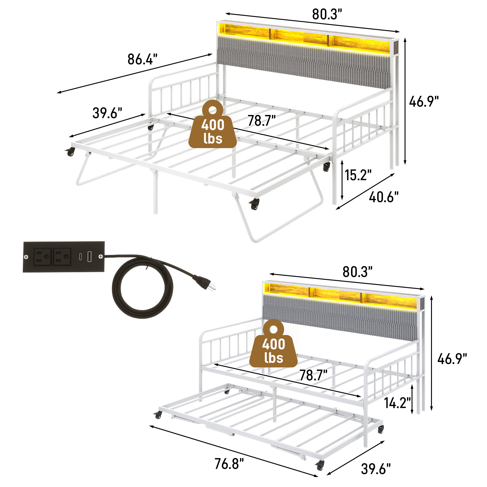 Walmart-0048-Blotout-US 标题: Blotout Daybed with Trundle Bed and LED Light, Twin Bed Frame with Storage Headboard and Charging Station, Sofa Bed with Strong Supports for Living Room, Bedroom, and Guest Room