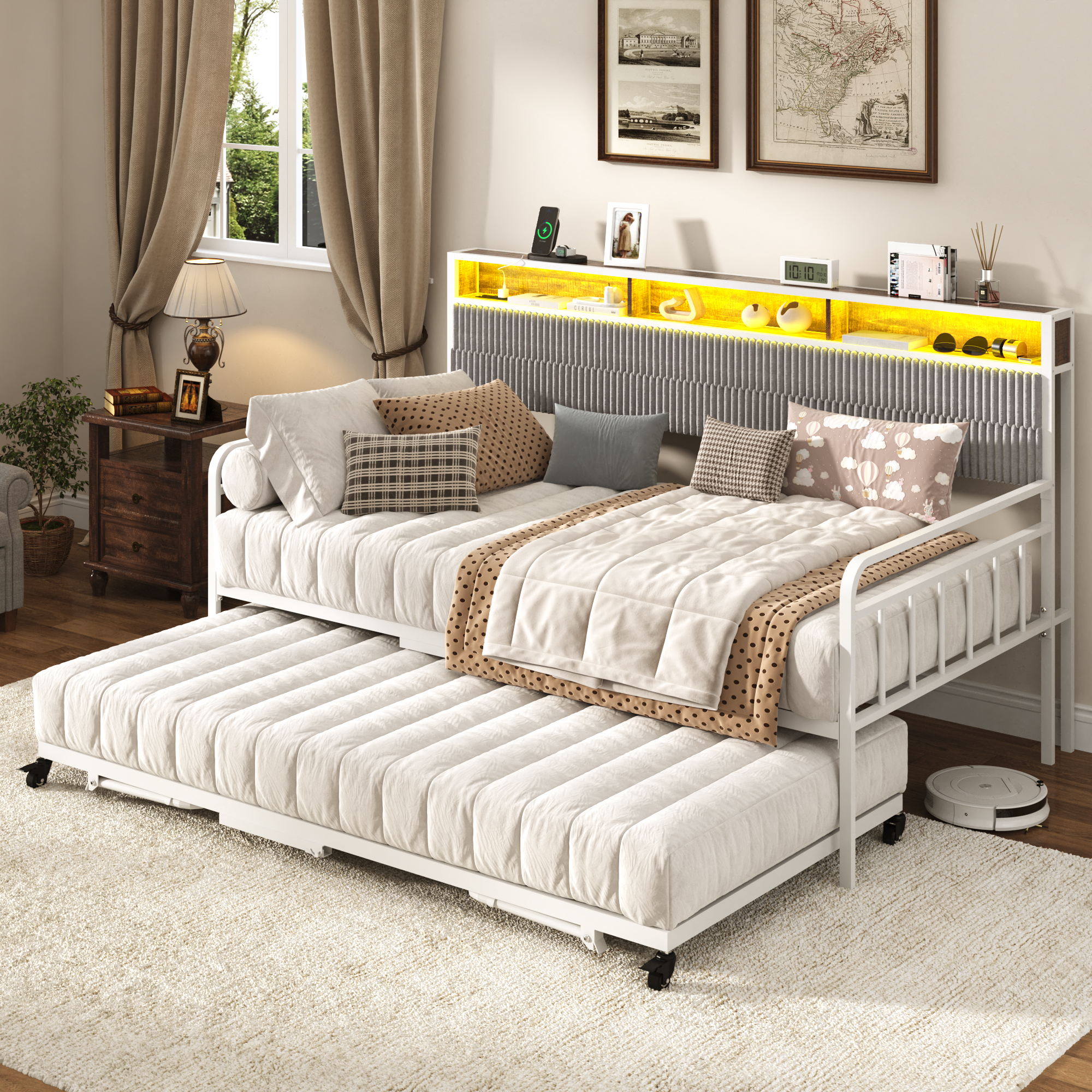 Walmart-0048-Blotout-US 标题: Blotout Daybed with Trundle Bed and LED Light, Twin Bed Frame with Storage Headboard and Charging Station, Sofa Bed with Strong Supports for Living Room, Bedroom, and Guest Room