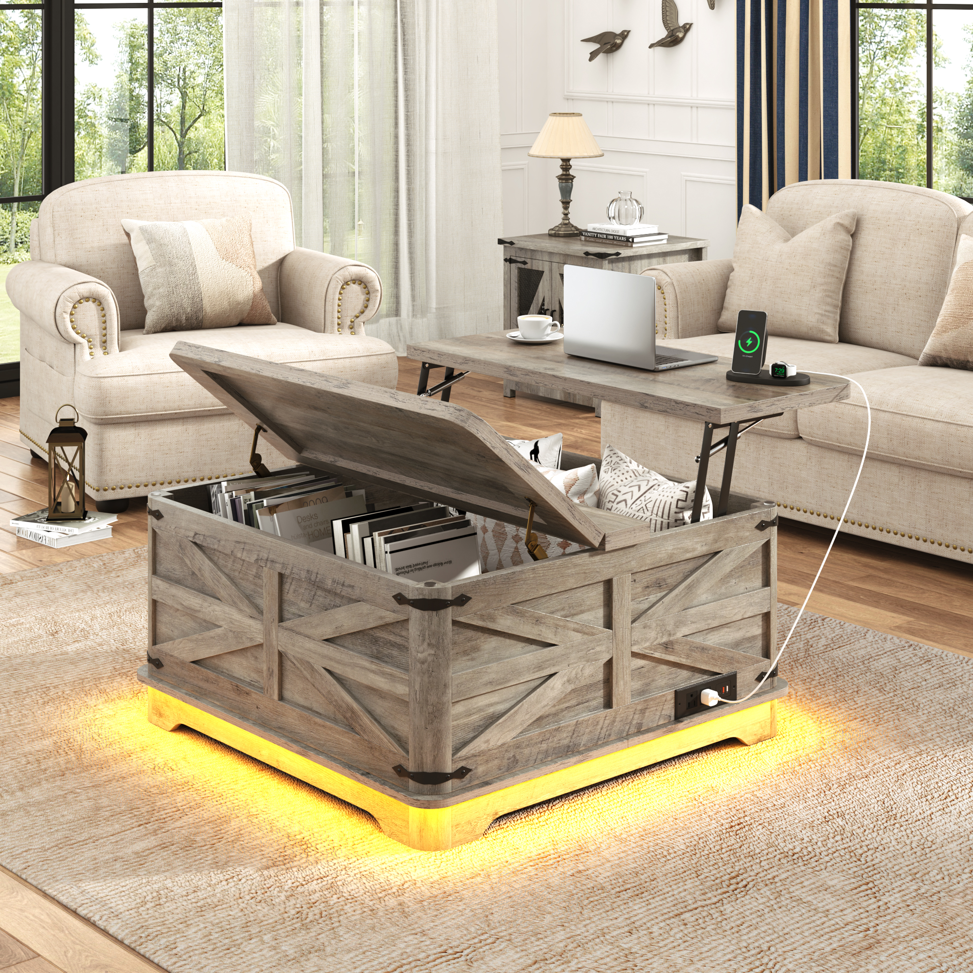 Blotout Farmhouse Lift Top Coffee Table with LED Light and Power Outlets, 36" Square Wood Living Room Storage Tables with Large Hidden Space, Lift Wooden Barn Door Center Table