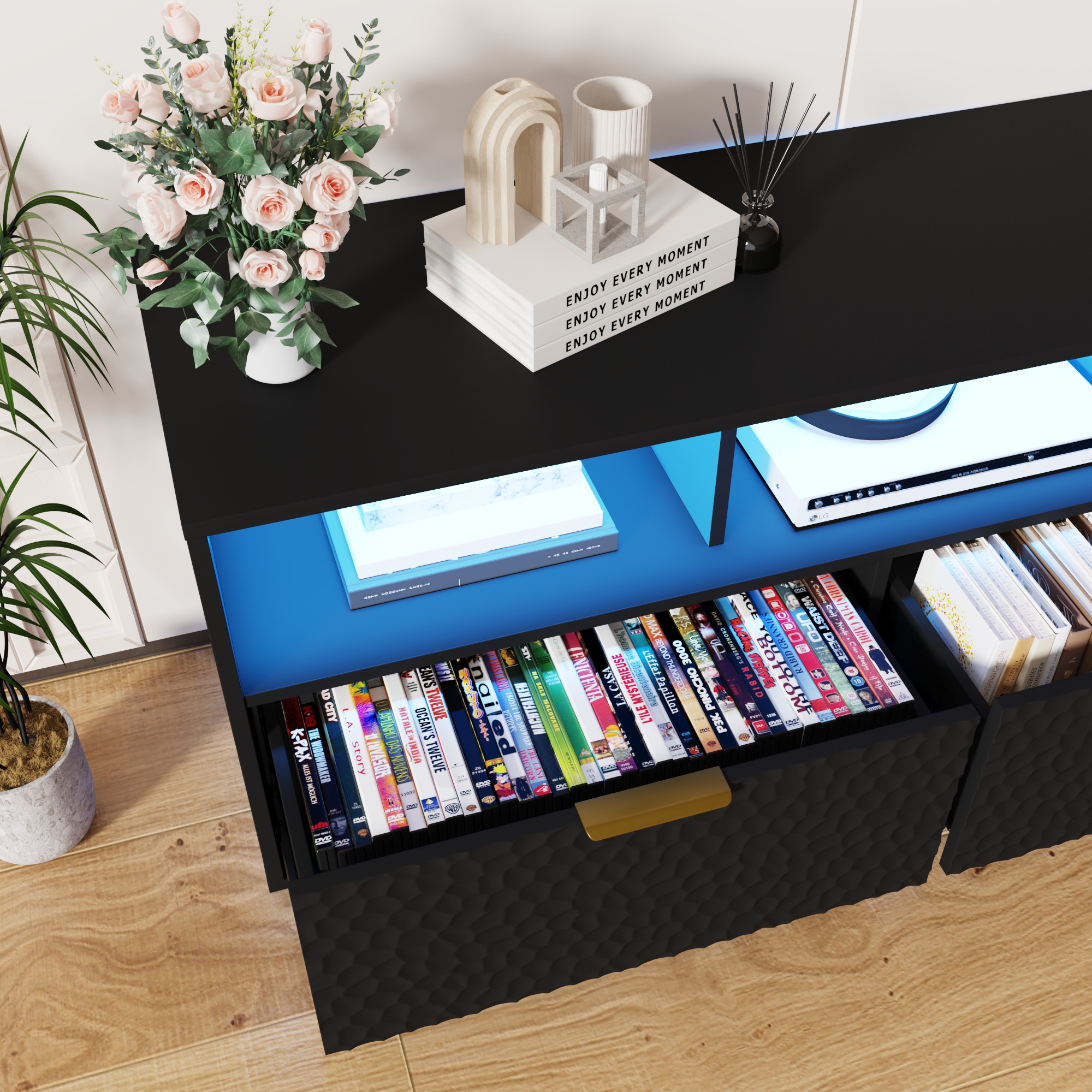 Blotout LED TV Stand for up to 85'' TVs with Power Outlet, 70'' Large Entertainment Center Console Table with 3 Storage Cabinet & Gaming Soundbar Shelf for Living Room, Bedroom