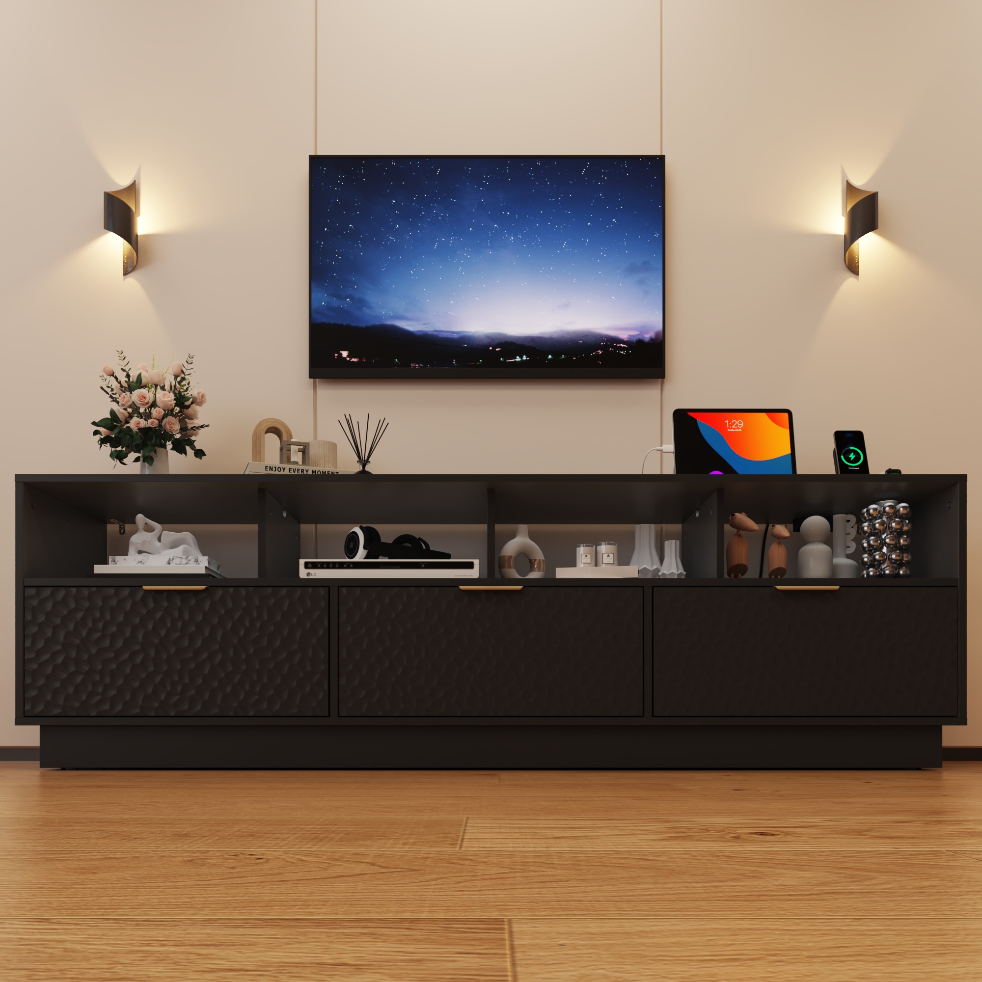 Blotout LED TV Stand for up to 85'' TVs with Power Outlet, 70'' Large Entertainment Center Console Table with 3 Storage Cabinet & Gaming Soundbar Shelf for Living Room, Bedroom