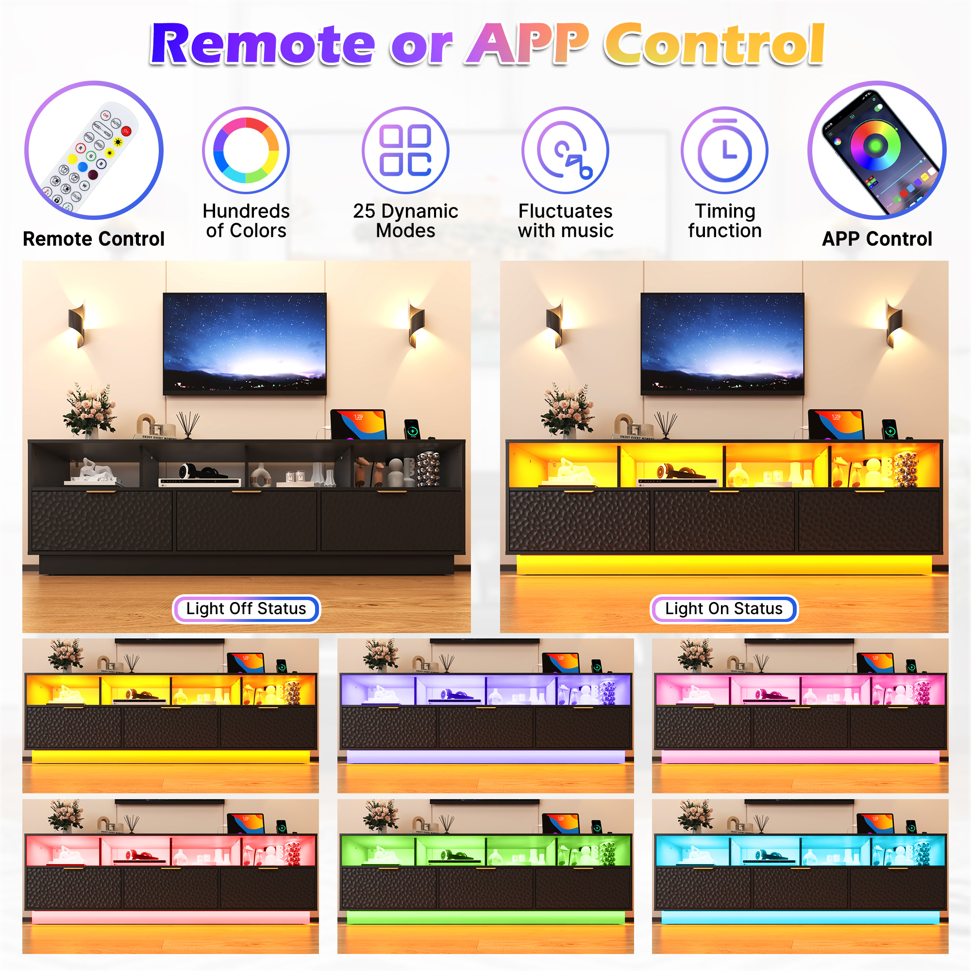 Blotout LED TV Stand for up to 85'' TVs with Power Outlet, 70'' Large Entertainment Center Console Table with 3 Storage Cabinet & Gaming Soundbar Shelf for Living Room, Bedroom