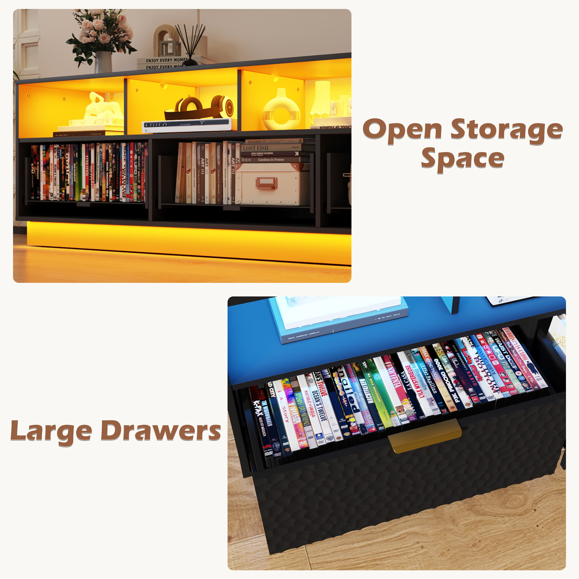 Blotout LED TV Stand for up to 85'' TVs with Power Outlet, 70'' Large Entertainment Center Console Table with 3 Storage Cabinet & Gaming Soundbar Shelf for Living Room, Bedroom