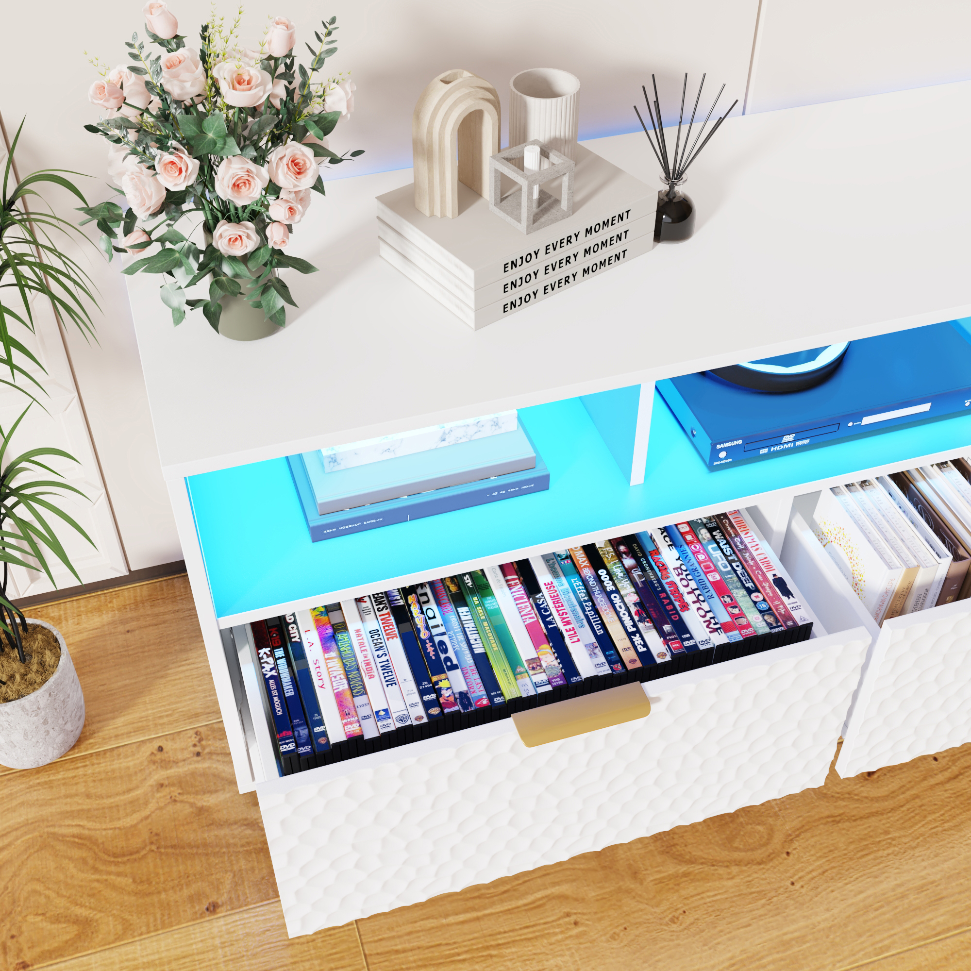 Blotout LED TV Stand for up to 85'' TVs with Power Outlet, 70'' Large Entertainment Center Console Table with 3 Storage Cabinet & Gaming Soundbar Shelf for Living Room, Bedroom