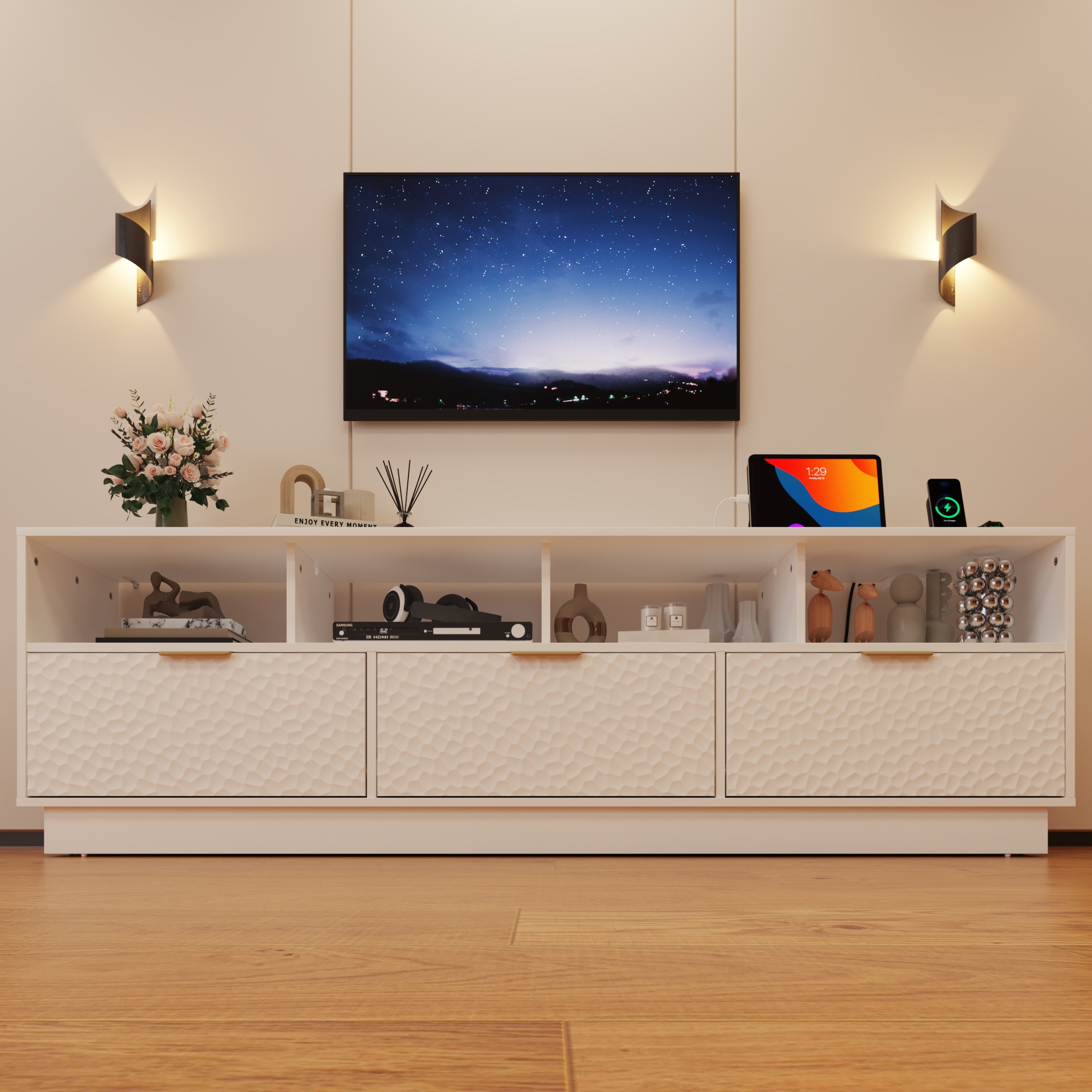 Blotout LED TV Stand for up to 85'' TVs with Power Outlet, 70'' Large Entertainment Center Console Table with 3 Storage Cabinet & Gaming Soundbar Shelf for Living Room, Bedroom