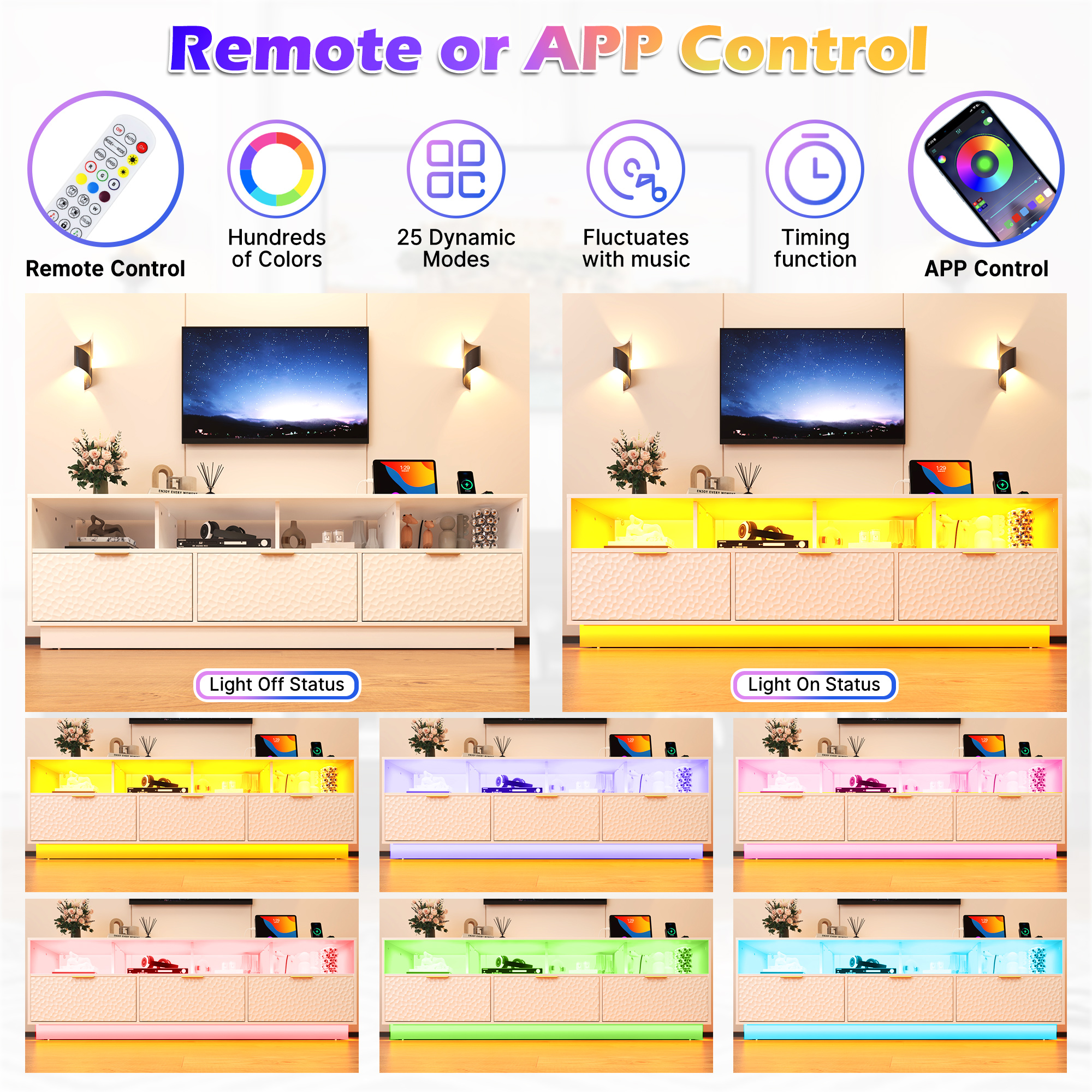 Blotout LED TV Stand for up to 85'' TVs with Power Outlet, 70'' Large Entertainment Center Console Table with 3 Storage Cabinet & Gaming Soundbar Shelf for Living Room, Bedroom