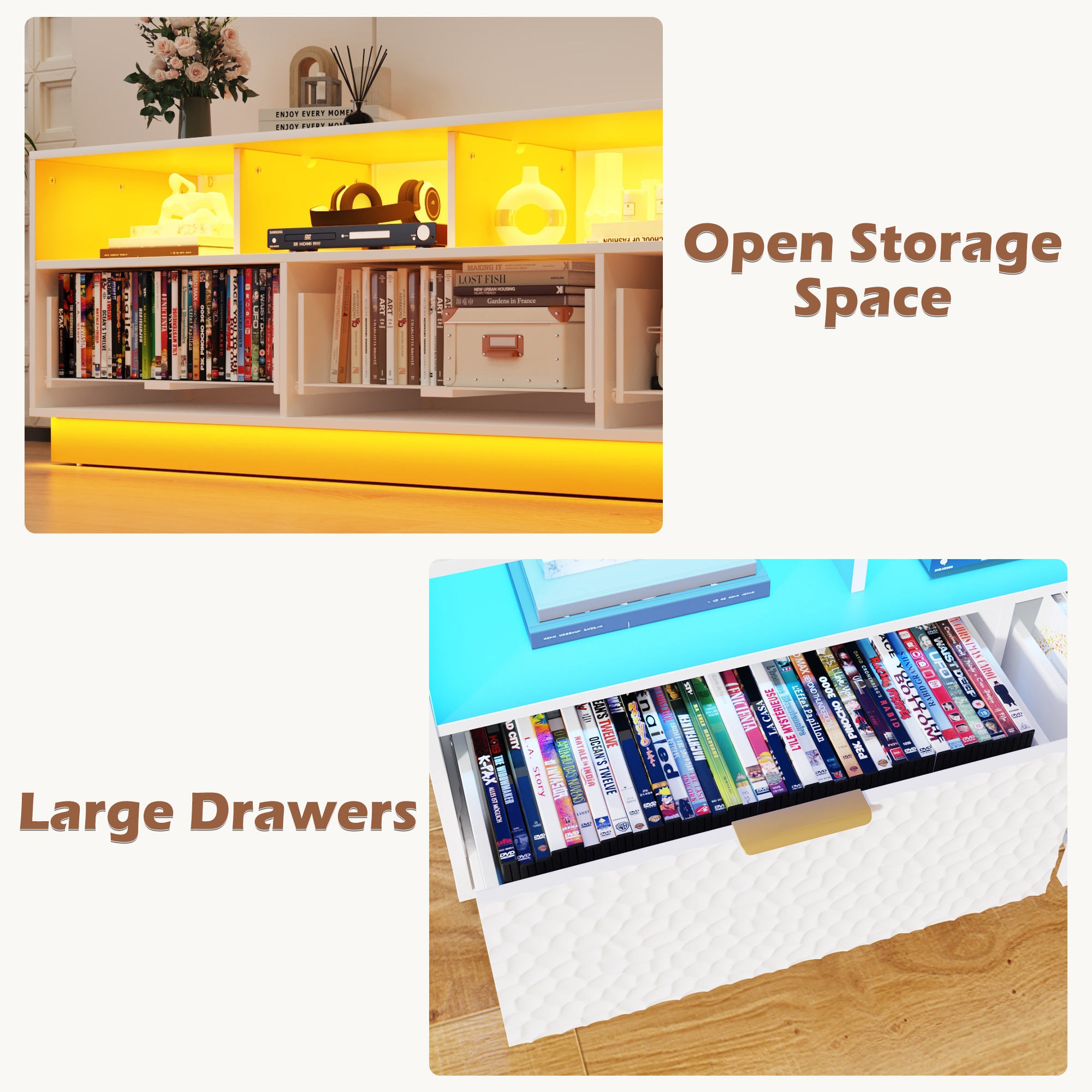 Blotout LED TV Stand for up to 85'' TVs with Power Outlet, 70'' Large Entertainment Center Console Table with 3 Storage Cabinet & Gaming Soundbar Shelf for Living Room, Bedroom