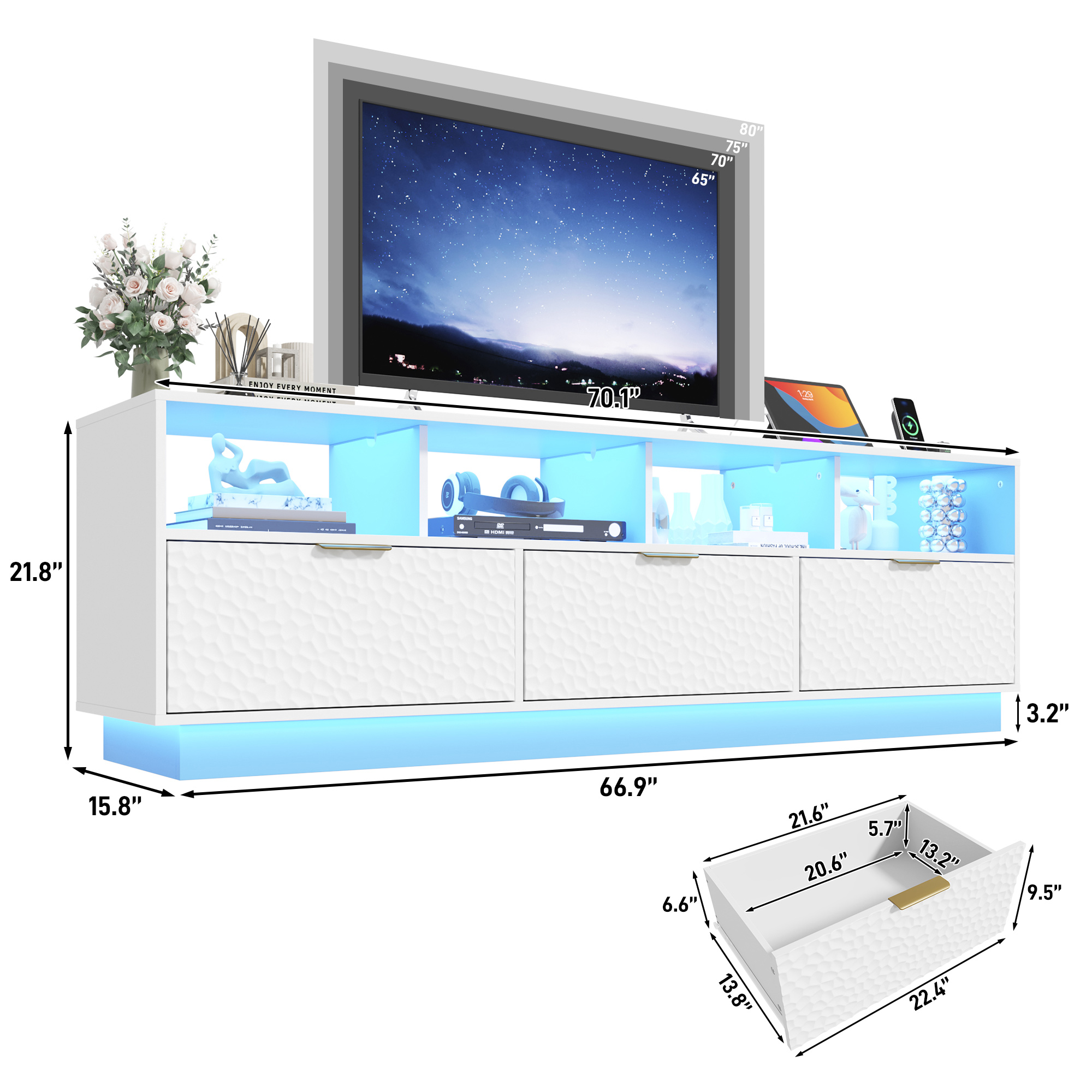 Blotout LED TV Stand for up to 85'' TVs with Power Outlet, 70'' Large Entertainment Center Console Table with 3 Storage Cabinet & Gaming Soundbar Shelf for Living Room, Bedroom