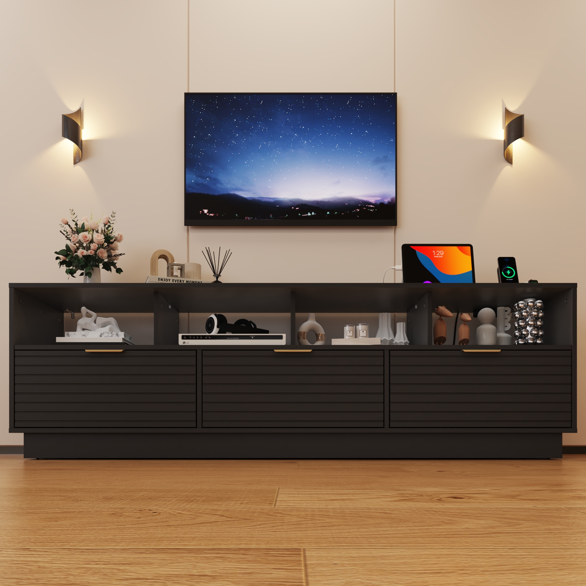 Blotout LED TV Stand for up to 85'' TVs with Power Outlet, 70'' Large Entertainment Center Console Table with 3 Storage Cabinet & Gaming Soundbar Shelf for Living Room, Bedroom