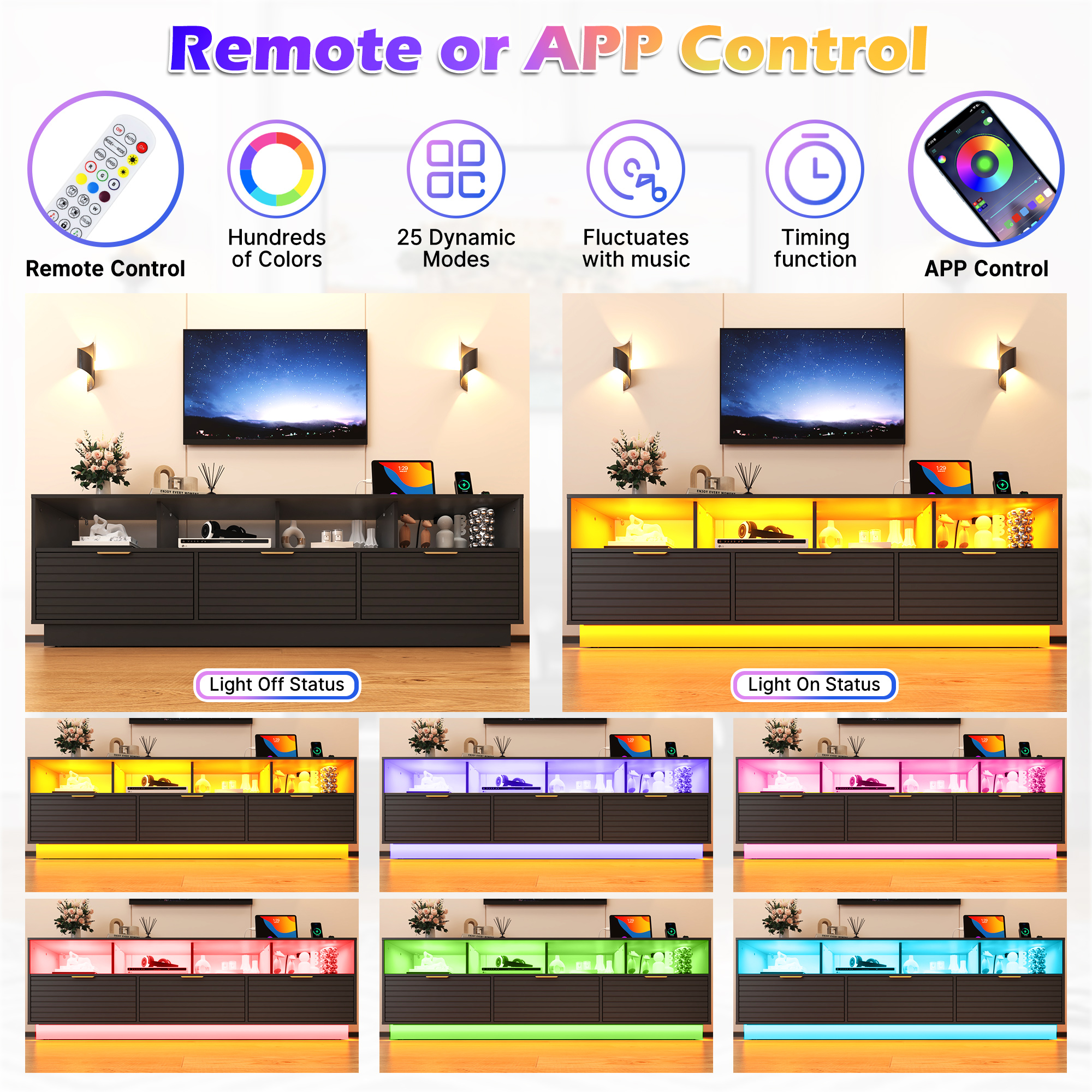 Blotout LED TV Stand for up to 85'' TVs with Power Outlet, 70'' Large Entertainment Center Console Table with 3 Storage Cabinet & Gaming Soundbar Shelf for Living Room, Bedroom