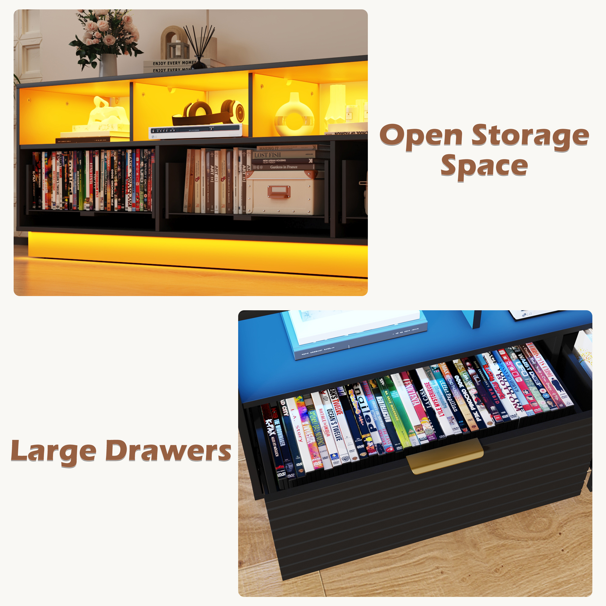 Blotout LED TV Stand for up to 85'' TVs with Power Outlet, 70'' Large Entertainment Center Console Table with 3 Storage Cabinet & Gaming Soundbar Shelf for Living Room, Bedroom