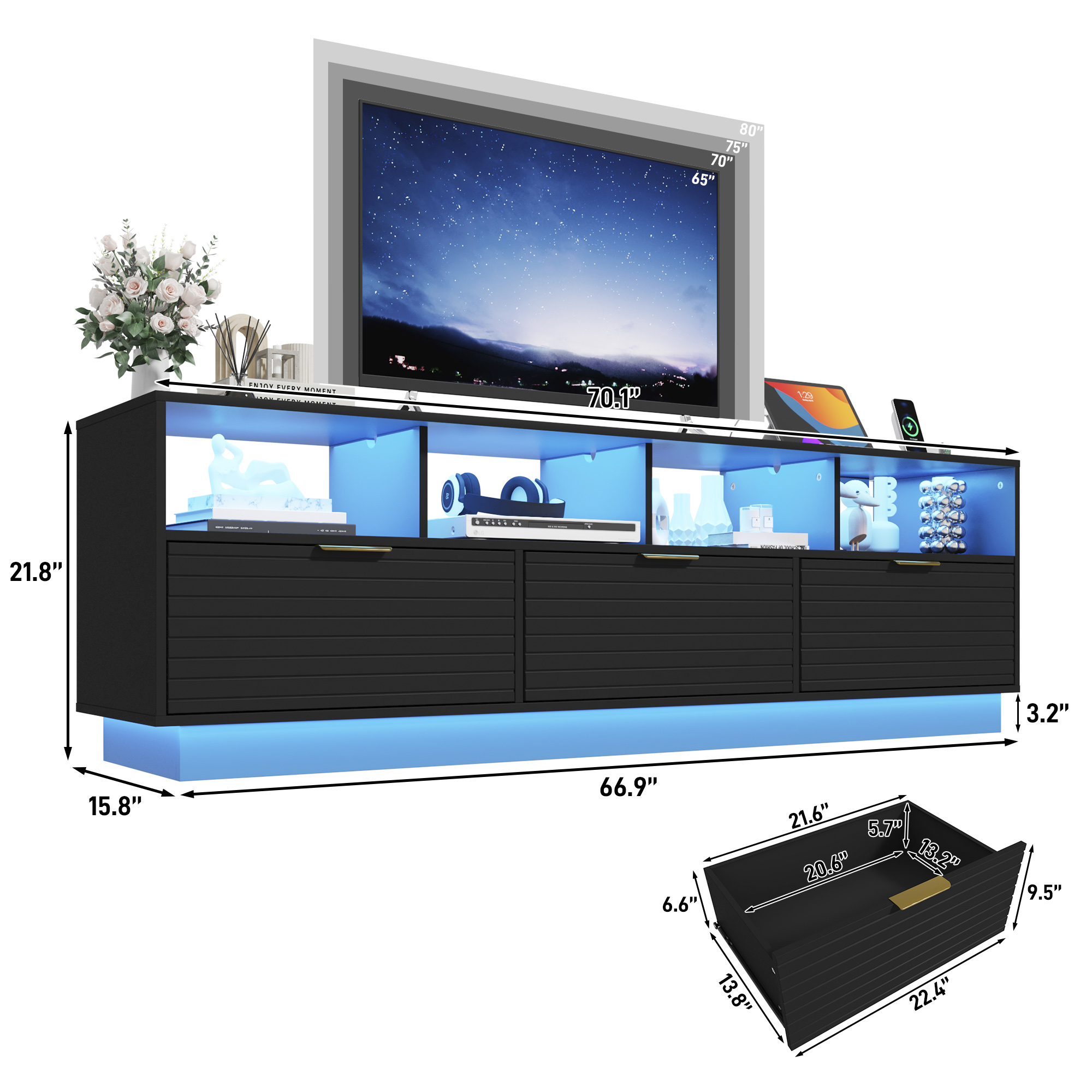 Blotout LED TV Stand for up to 85'' TVs with Power Outlet, 70'' Large Entertainment Center Console Table with 3 Storage Cabinet & Gaming Soundbar Shelf for Living Room, Bedroom