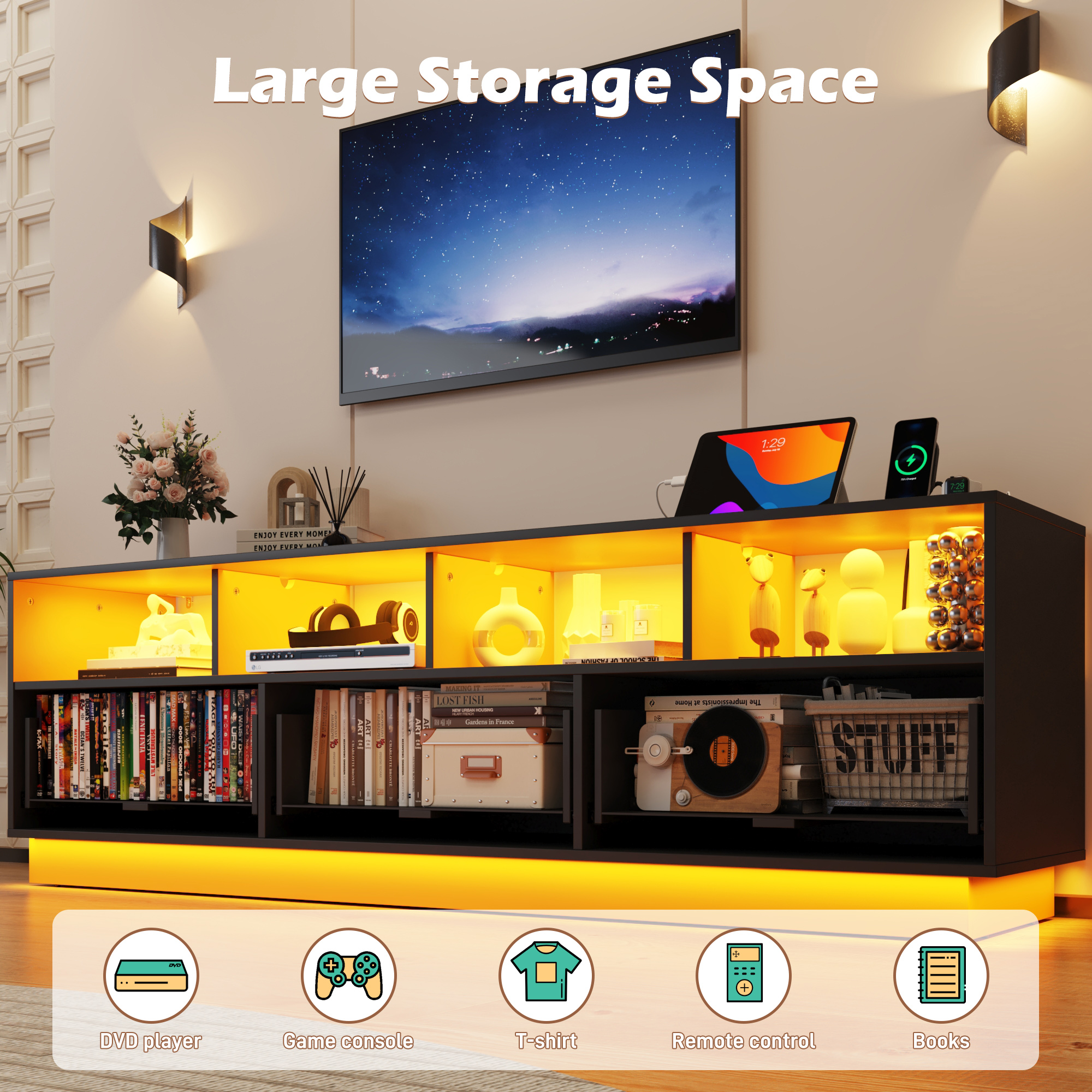 Blotout LED TV Stand for up to 85'' TVs with Power Outlet, 70'' Large Entertainment Center Console Table with 3 Storage Cabinet & Gaming Soundbar Shelf for Living Room, Bedroom