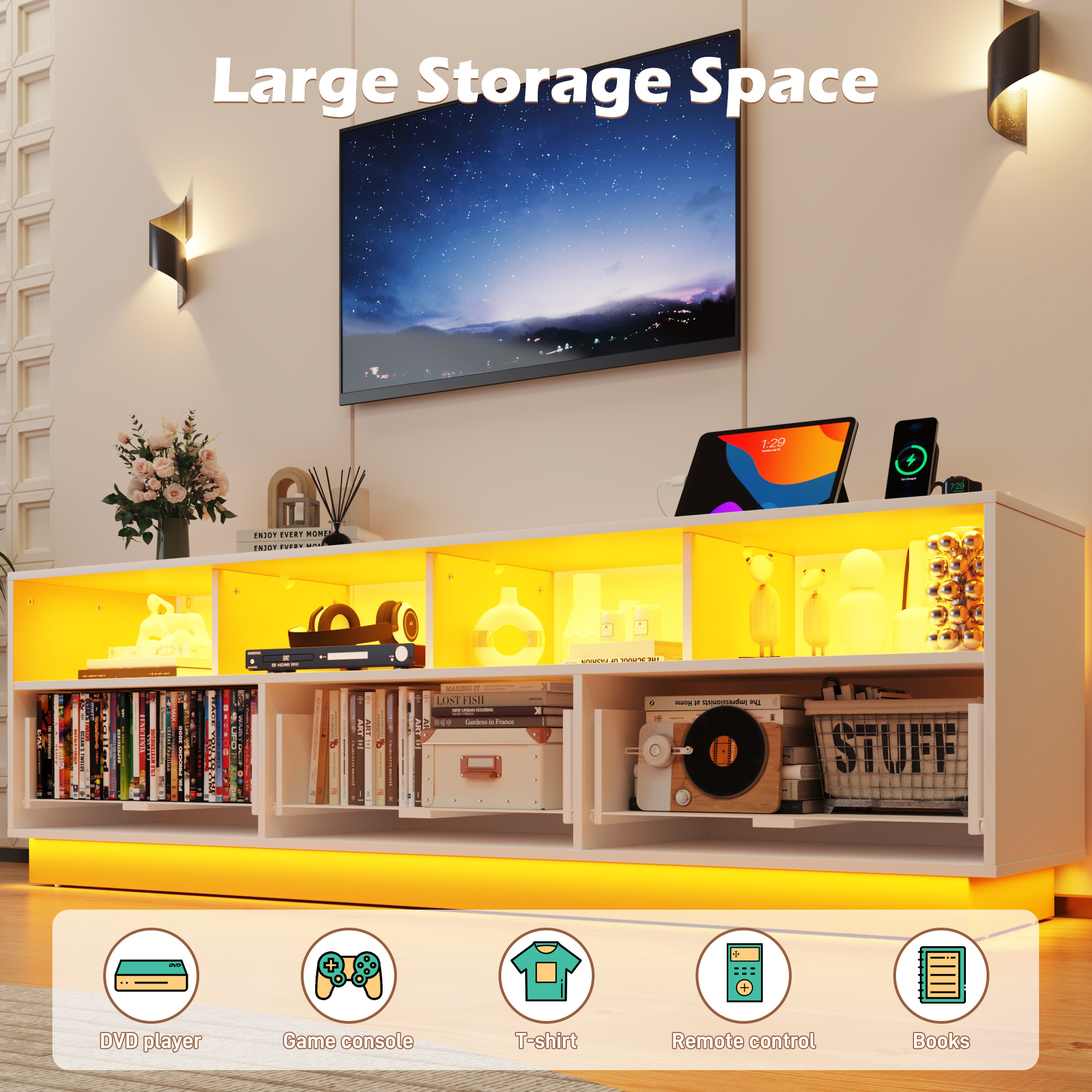 Blotout LED TV Stand for up to 85'' TVs with Power Outlet, 70'' Large Entertainment Center Console Table with 3 Storage Cabinet & Gaming Soundbar Shelf for Living Room, Bedroom