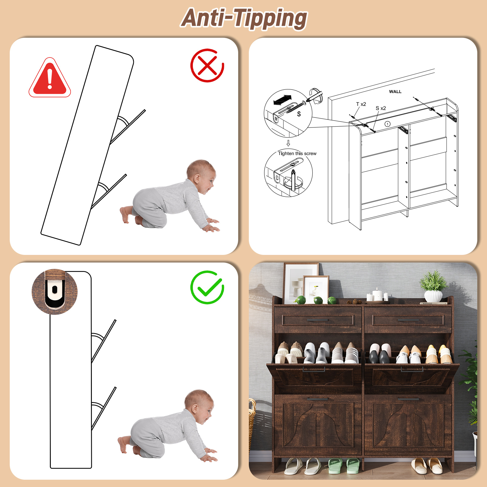 Blotout Shoe Storage Cabinet with 4 Flip Drawers & 2 Drawers, Freestanding Shoe Storage Cabinet with Adjustable Shelves, Hidden Narrow Shoe Rack Cabinet Storage for Entryway, Hallway, Living Room