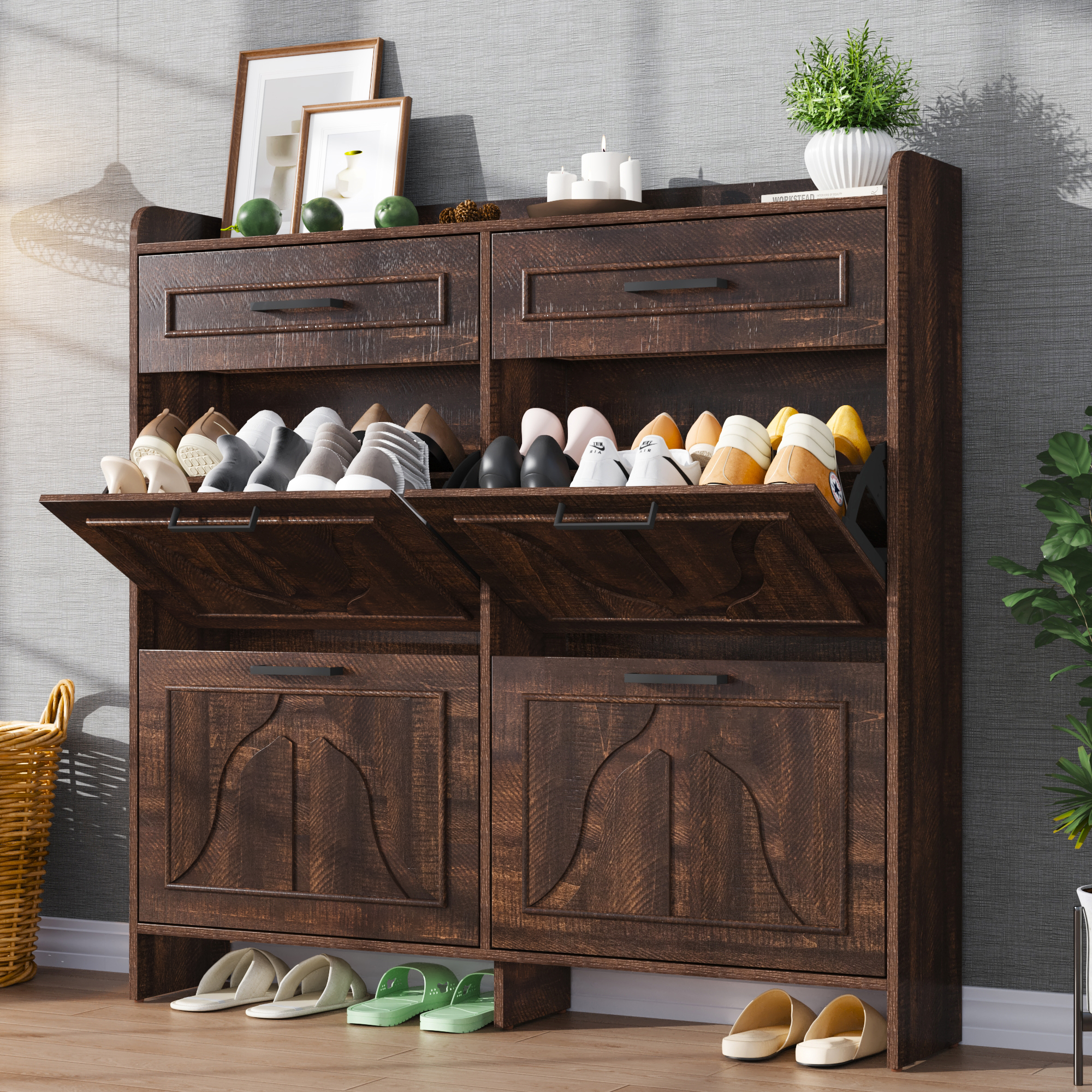 Blotout Shoe Storage Cabinet with 4 Flip Drawers & 2 Drawers, Freestanding Shoe Storage Cabinet with Adjustable Shelves, Hidden Narrow Shoe Rack Cabinet Storage for Entryway, Hallway, Living Room