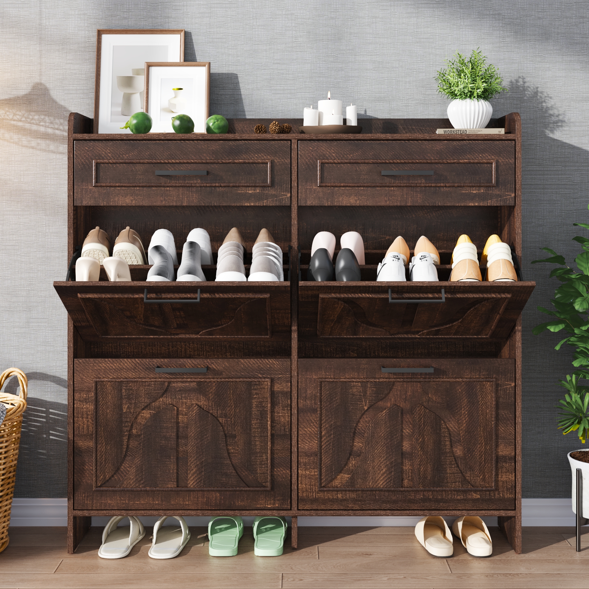 Blotout Shoe Storage Cabinet with 4 Flip Drawers & 2 Drawers, Freestanding Shoe Storage Cabinet with Adjustable Shelves, Hidden Narrow Shoe Rack Cabinet Storage for Entryway, Hallway, Living Room