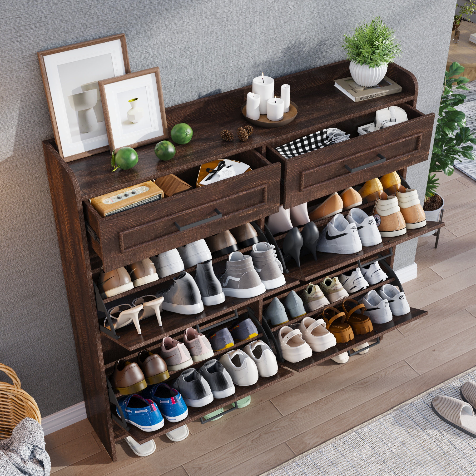 Blotout Shoe Storage Cabinet with 4 Flip Drawers & 2 Drawers, Freestanding Shoe Storage Cabinet with Adjustable Shelves, Hidden Narrow Shoe Rack Cabinet Storage for Entryway, Hallway, Living Room