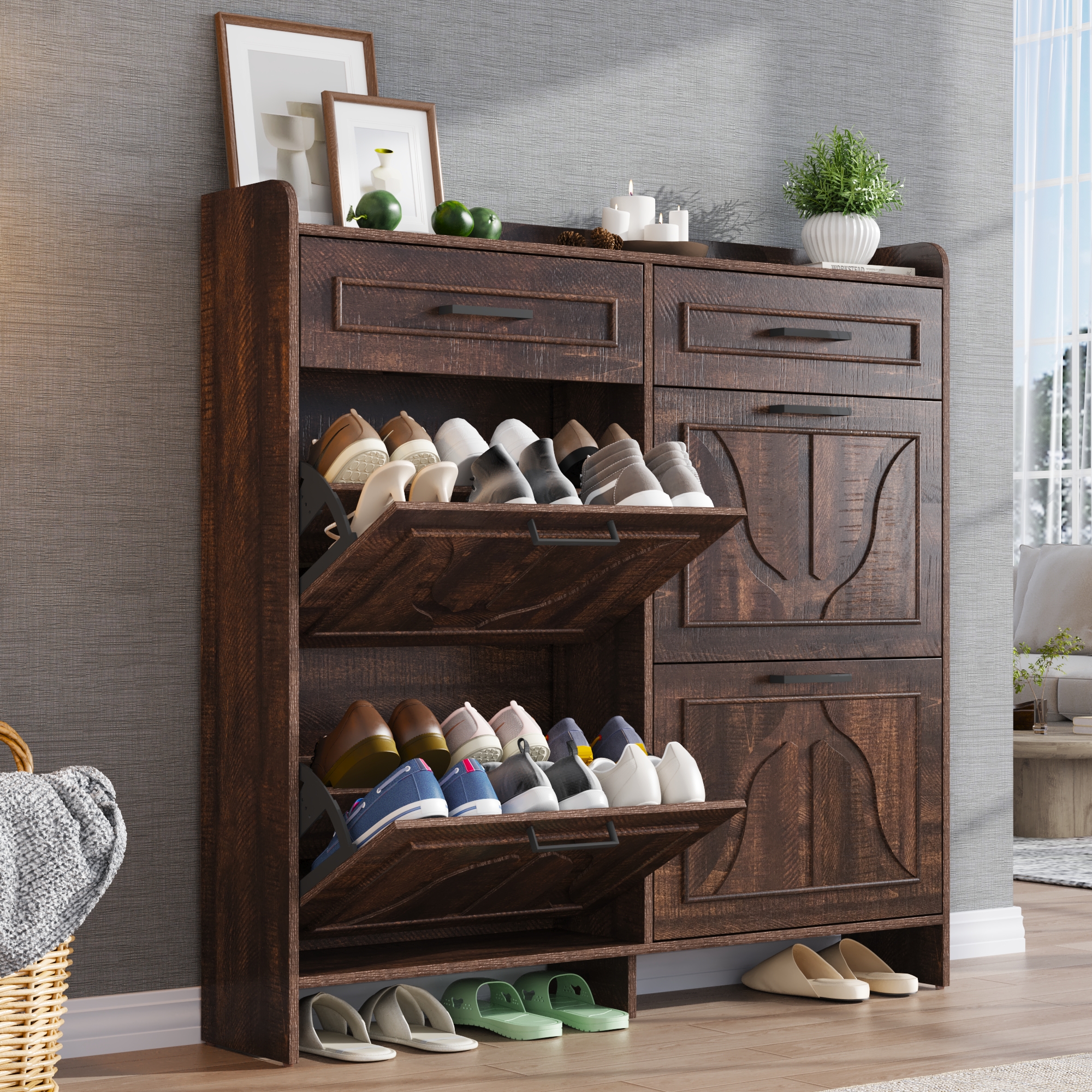 Blotout Shoe Storage Cabinet with 4 Flip Drawers & 2 Drawers, Freestanding Shoe Storage Cabinet with Adjustable Shelves, Hidden Narrow Shoe Rack Cabinet Storage for Entryway, Hallway, Living Room