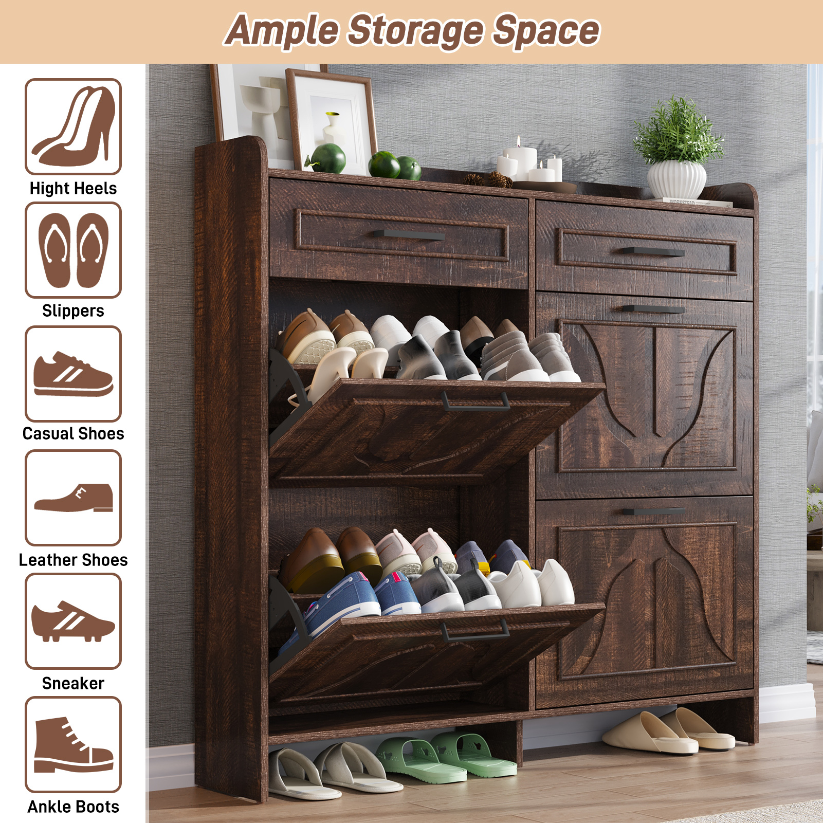 Blotout Shoe Storage Cabinet with 4 Flip Drawers & 2 Drawers, Freestanding Shoe Storage Cabinet with Adjustable Shelves, Hidden Narrow Shoe Rack Cabinet Storage for Entryway, Hallway, Living Room