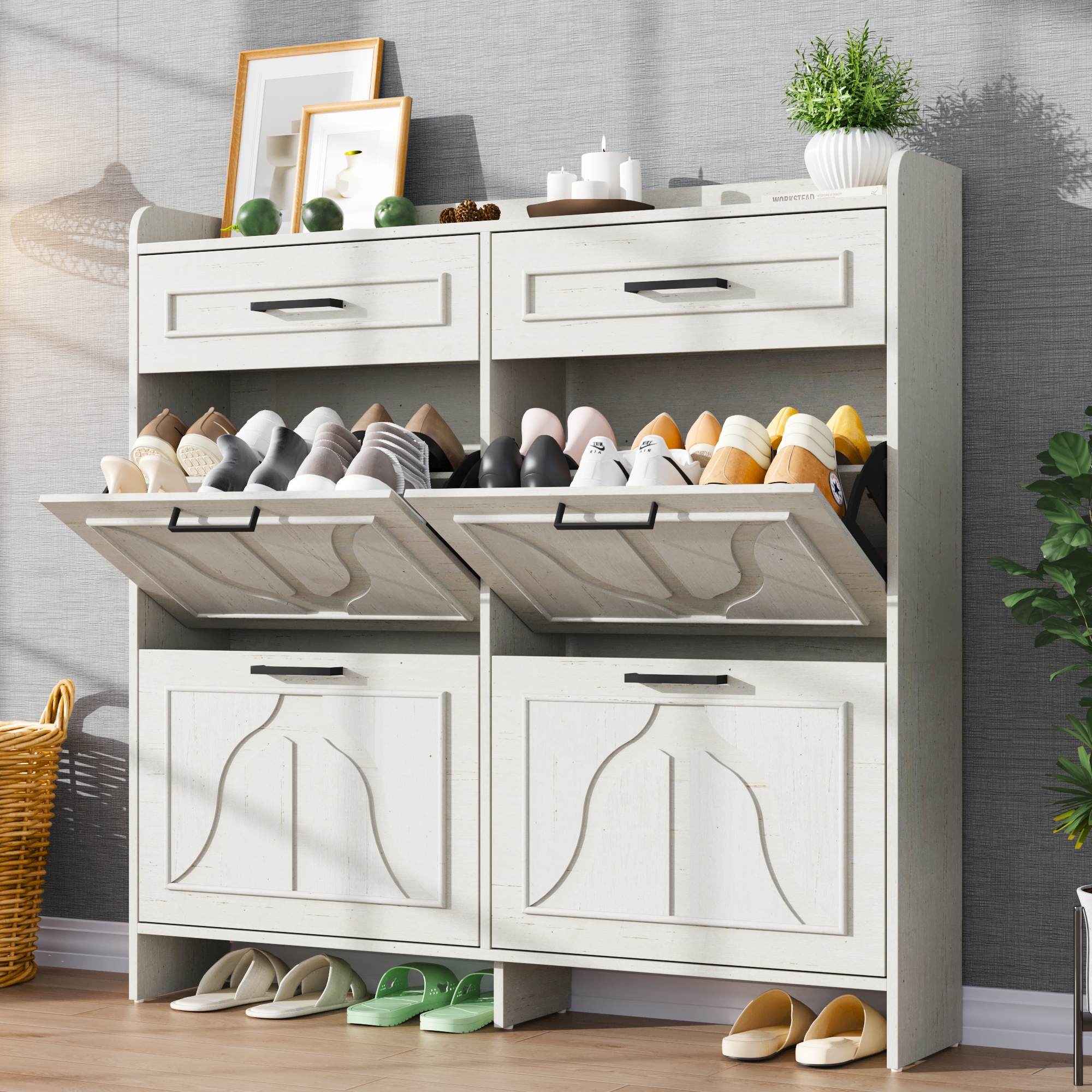 Blotout Shoe Storage Cabinet with 4 Flip Drawers & 2 Drawers, Freestanding Shoe Storage Cabinet with Adjustable Shelves, Hidden Narrow Shoe Rack Cabinet Storage for Entryway, Hallway, Living Room