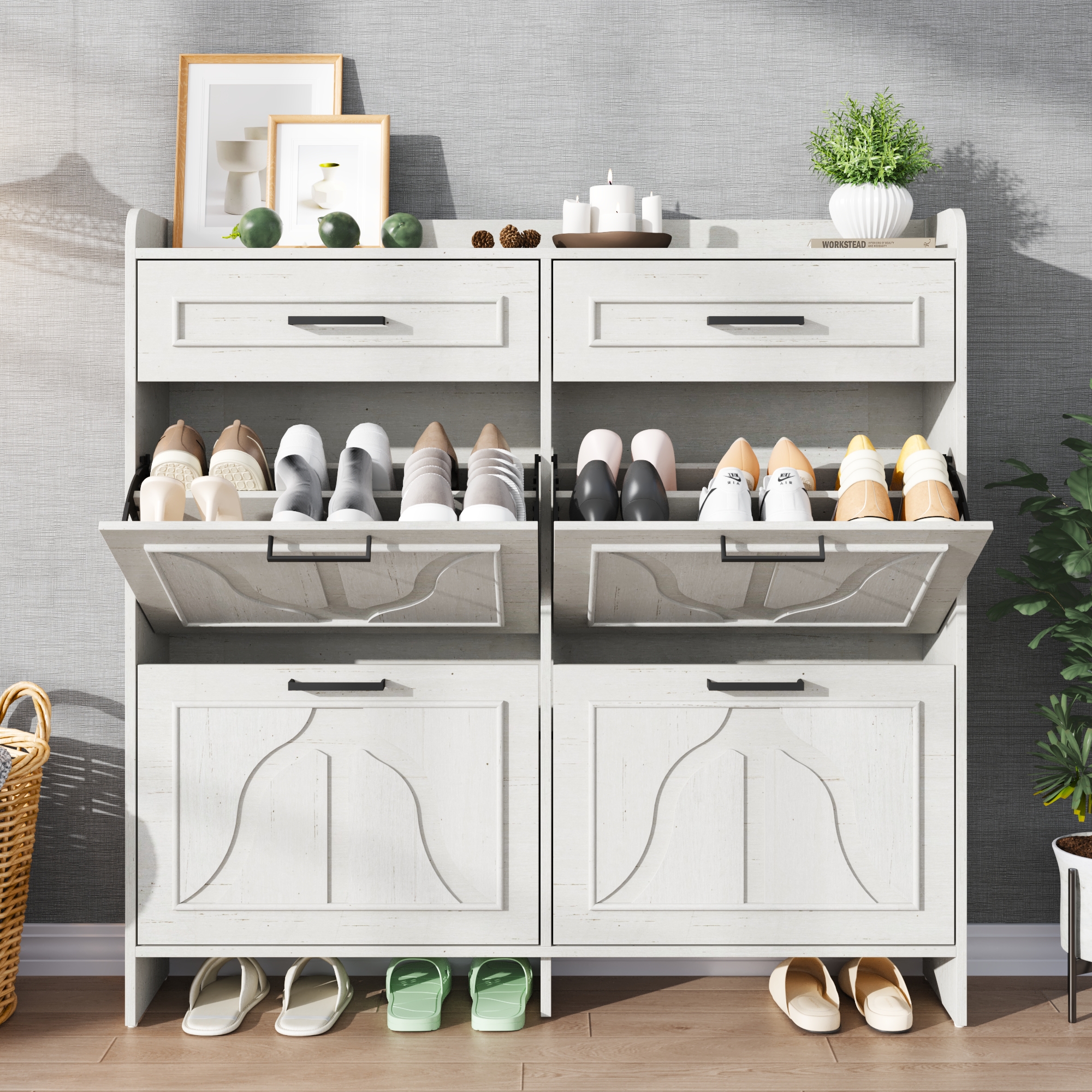 Blotout Shoe Storage Cabinet with 4 Flip Drawers & 2 Drawers, Freestanding Shoe Storage Cabinet with Adjustable Shelves, Hidden Narrow Shoe Rack Cabinet Storage for Entryway, Hallway, Living Room