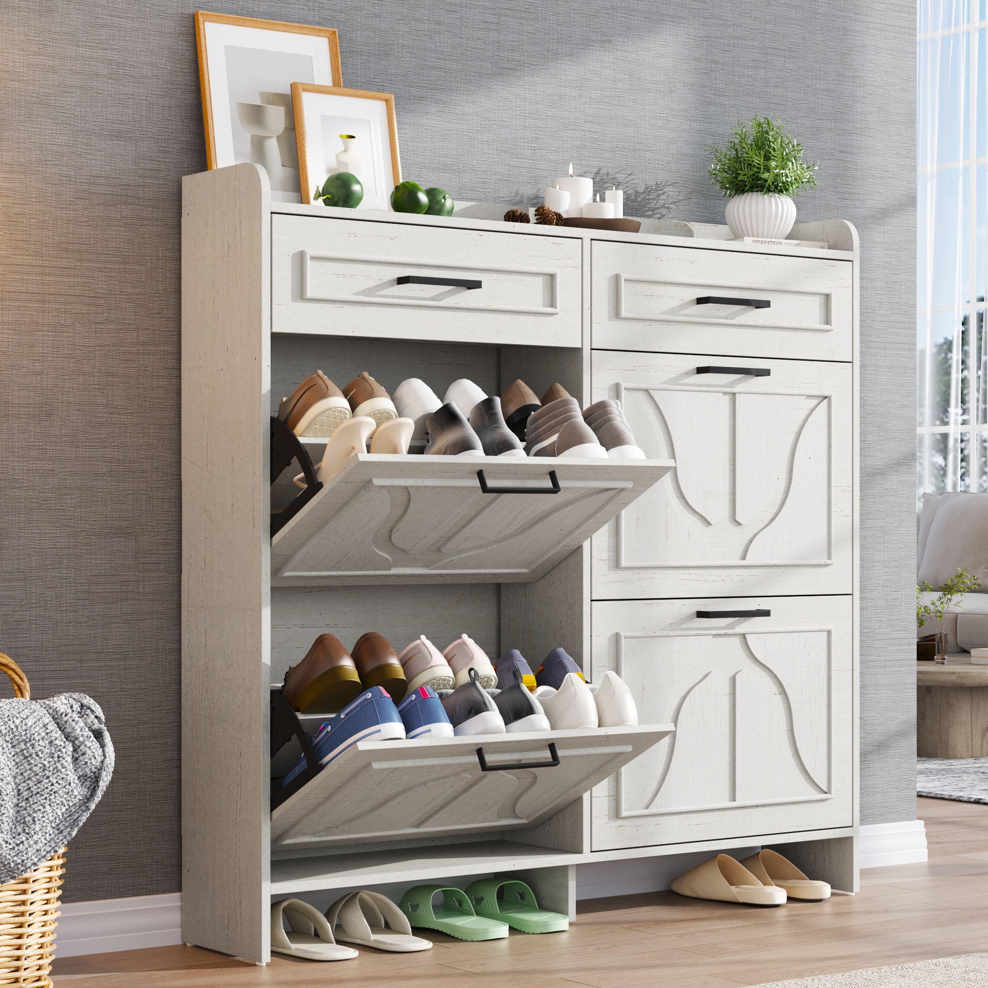 Blotout Shoe Storage Cabinet with 4 Flip Drawers & 2 Drawers, Freestanding Shoe Storage Cabinet with Adjustable Shelves, Hidden Narrow Shoe Rack Cabinet Storage for Entryway, Hallway, Living Room