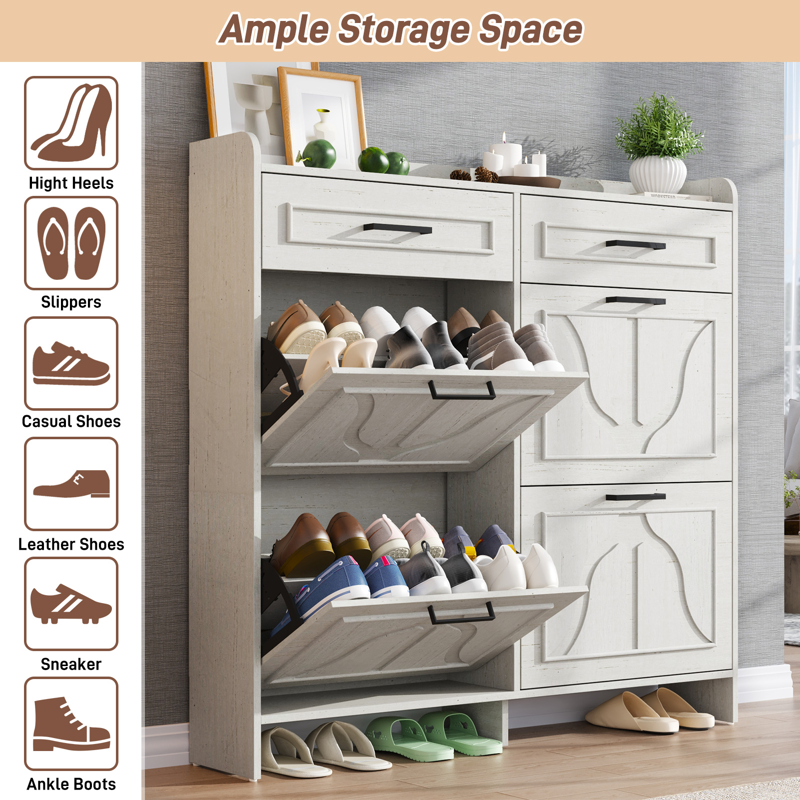 Blotout Shoe Storage Cabinet with 4 Flip Drawers & 2 Drawers, Freestanding Shoe Storage Cabinet with Adjustable Shelves, Hidden Narrow Shoe Rack Cabinet Storage for Entryway, Hallway, Living Room